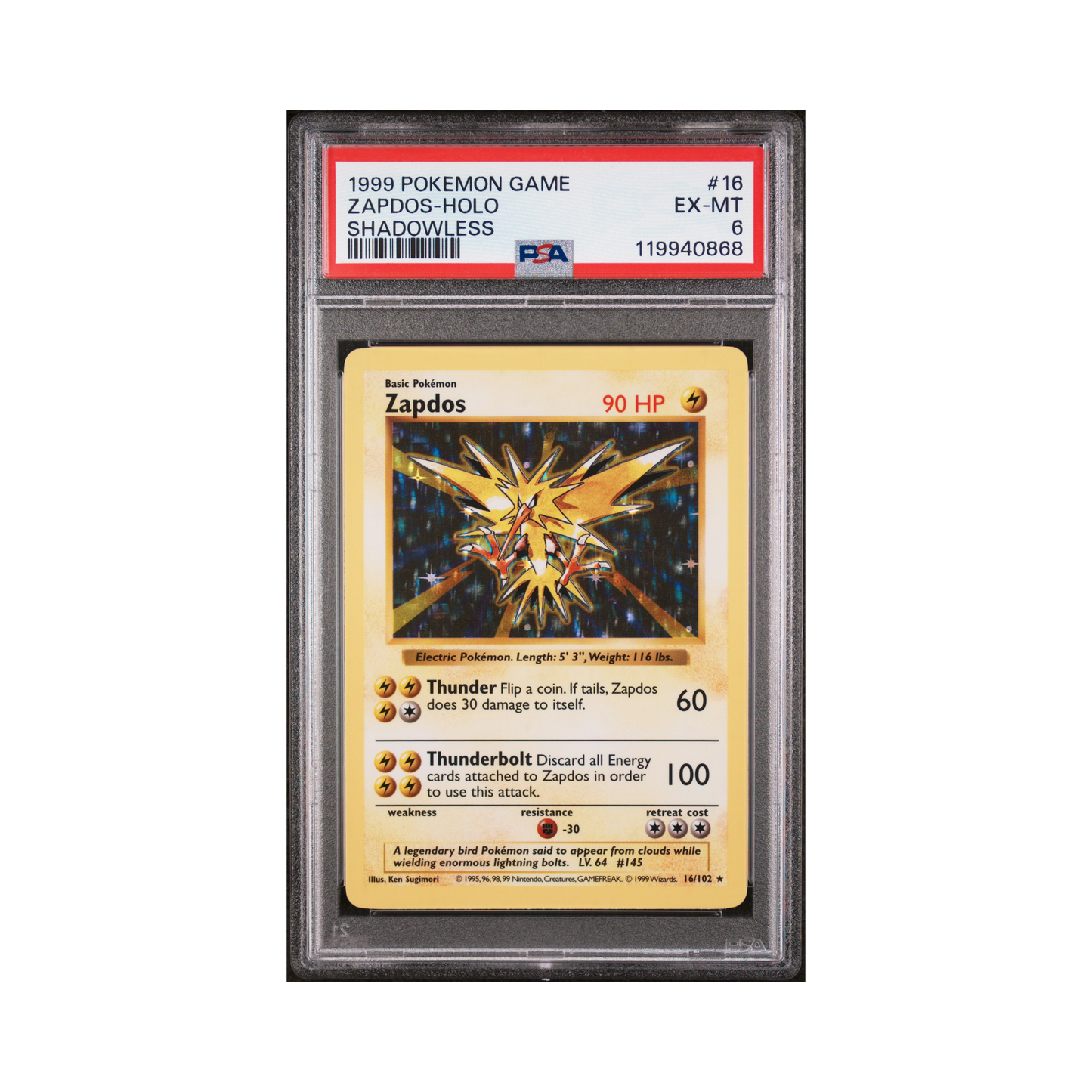 1999 Pokémon Game Zapdos Shadowless #16 PSA 6