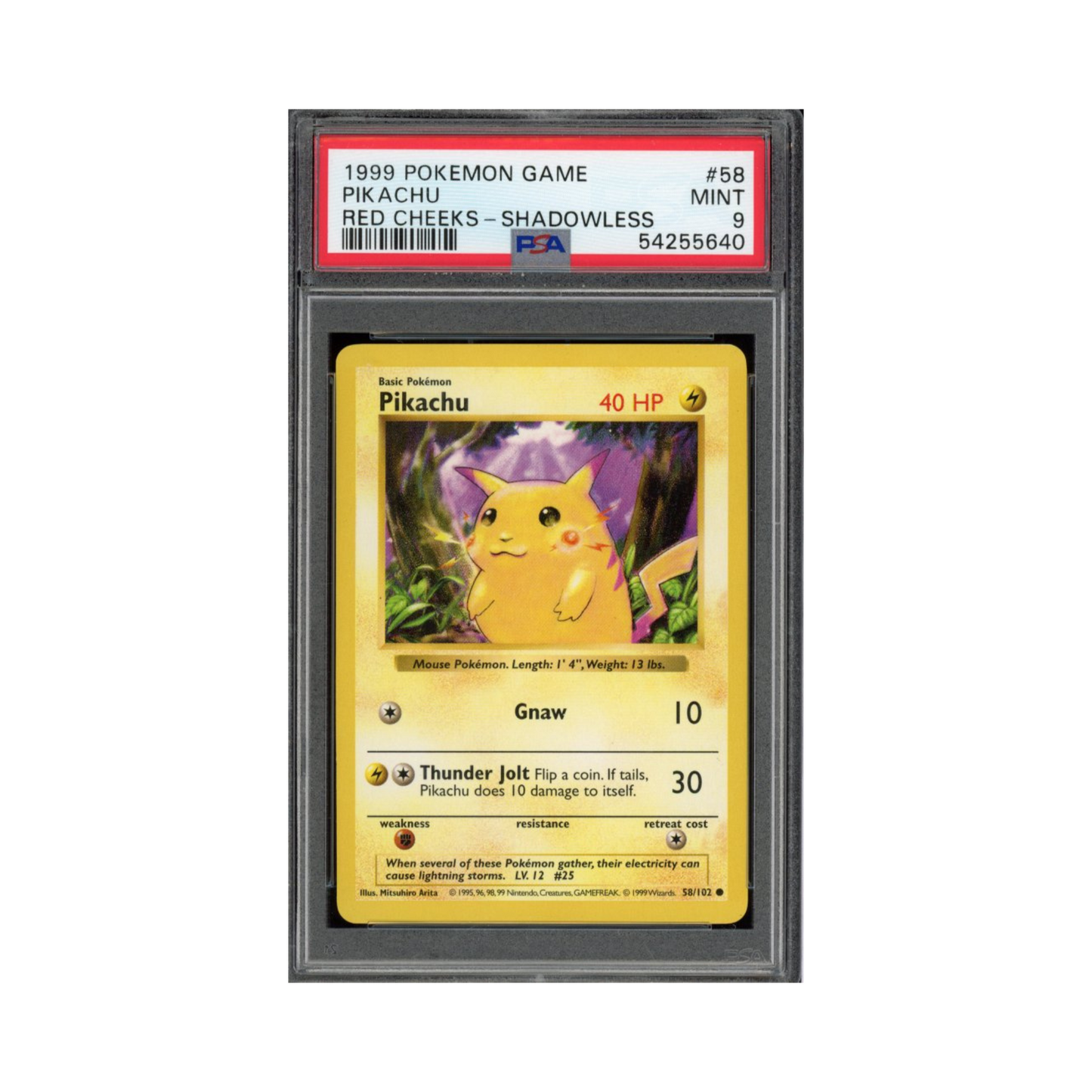 1999 Pokemon Shadowless Red Cheeks Pikachu #58 PSA 9