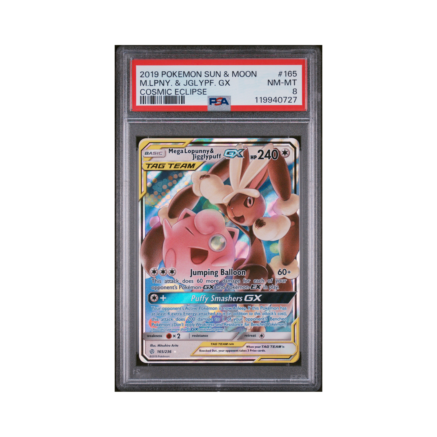 2019 Pokémon Sun & Moon Cosmic Eclipse M.lpny. & Jglypf. GX #165 PSA 8
