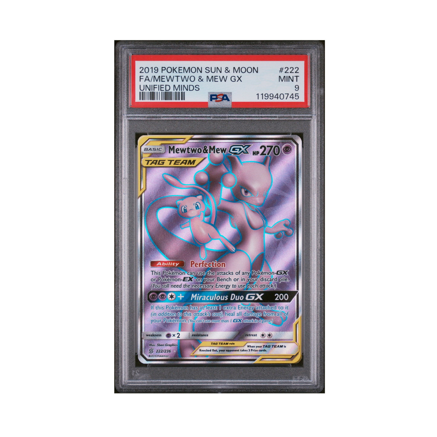 2019 Pokémon Sun & Moon Unified Minds Mewtwo & Mew GX #222 PSA 9