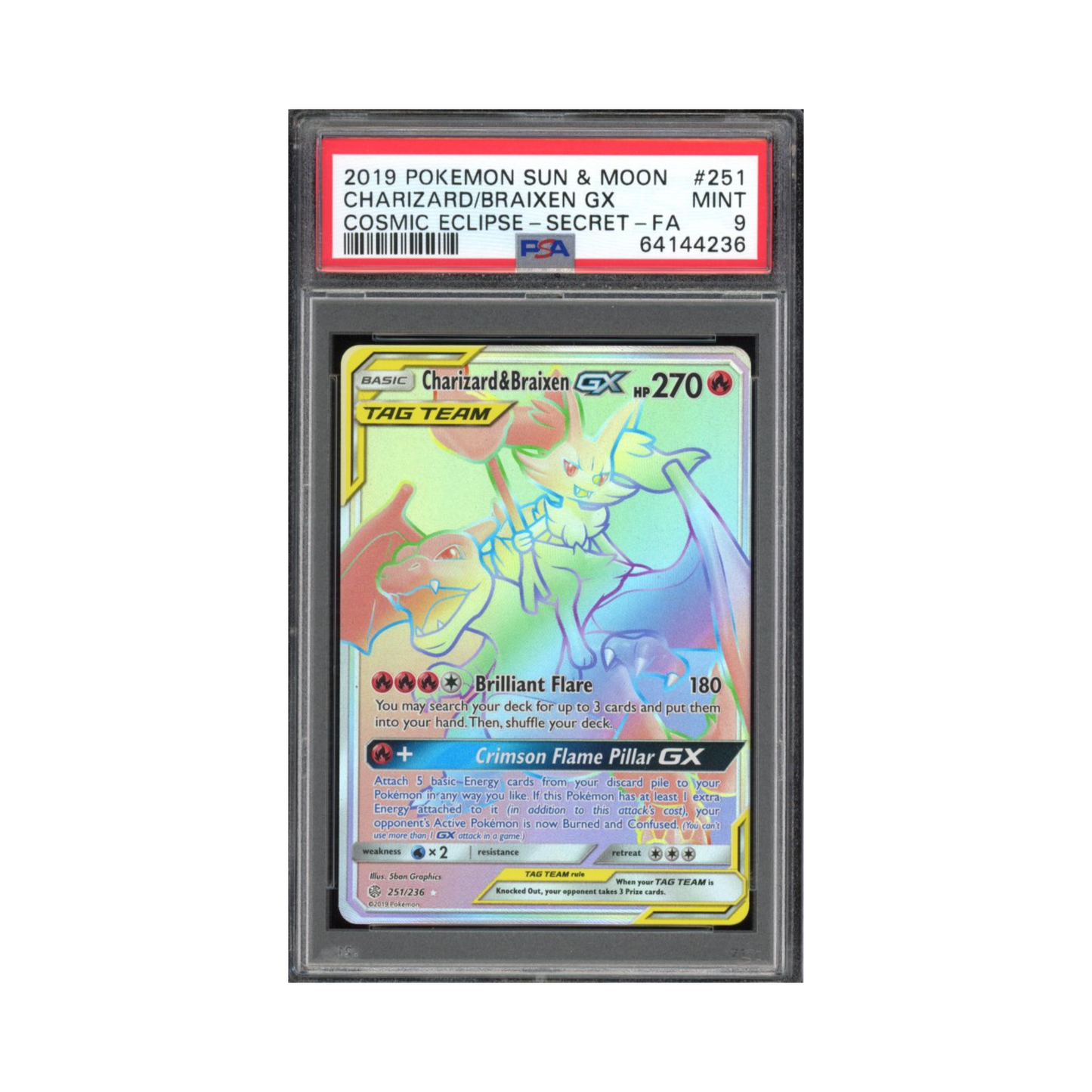 2019 Pokemon Sun & Moon Cosmic Eclipse FA Secret Charizard & Braixen GX #251 PSA 9