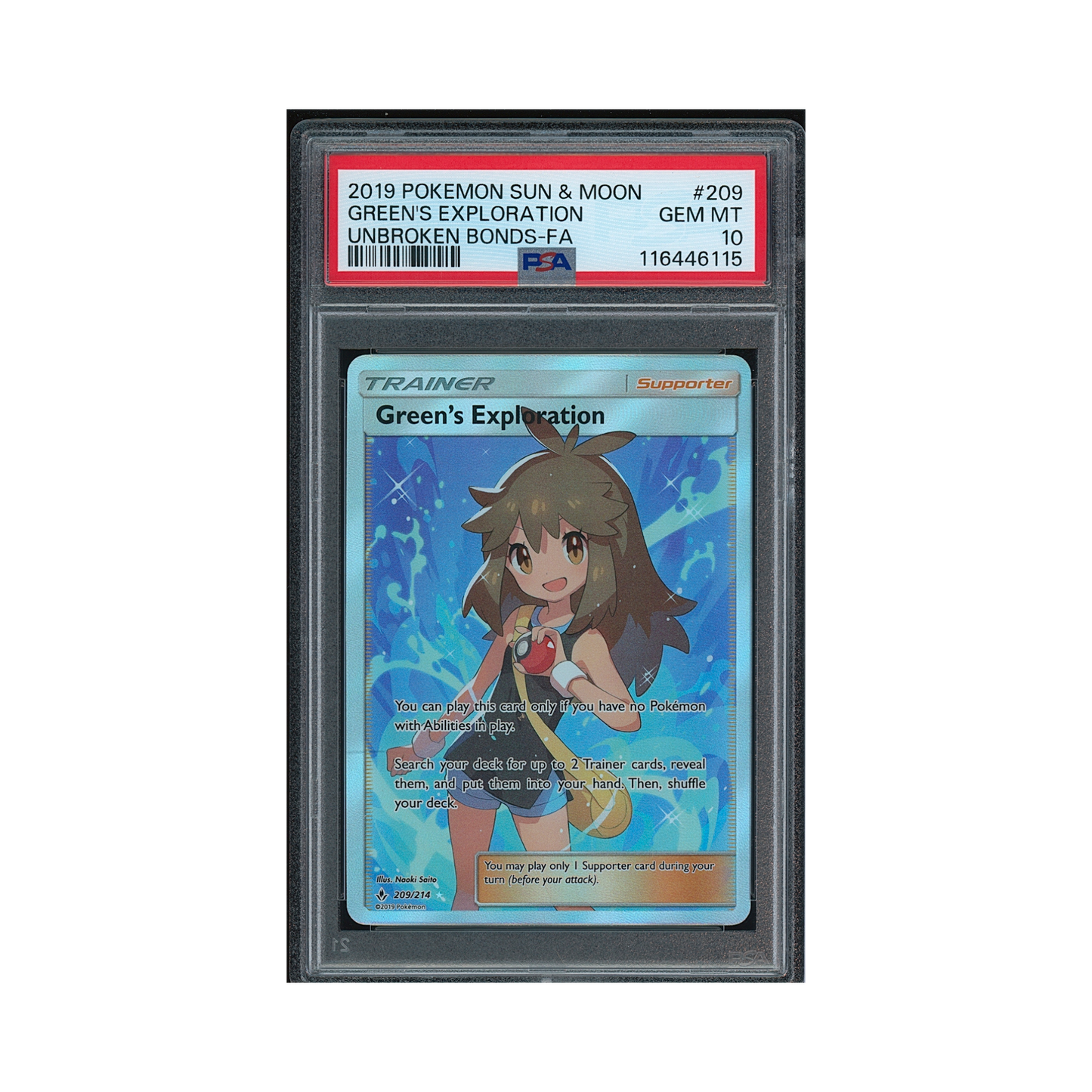 2019 Pokémon Sun & Moon Unbroken Bonds Green's Exploration #209 PSA 10