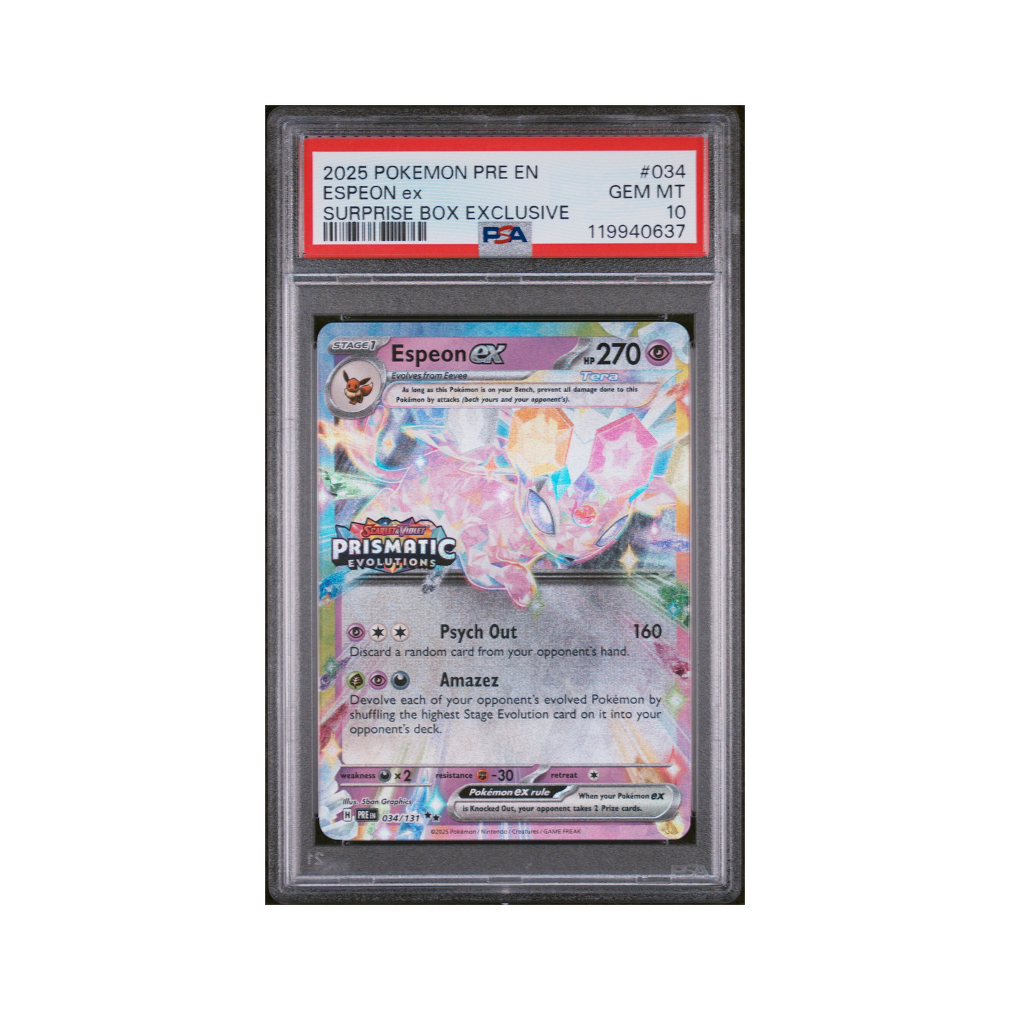 2025 Pokémon Pre Evolutions Surprise Box Promo Espeon EX #034 PSA 10