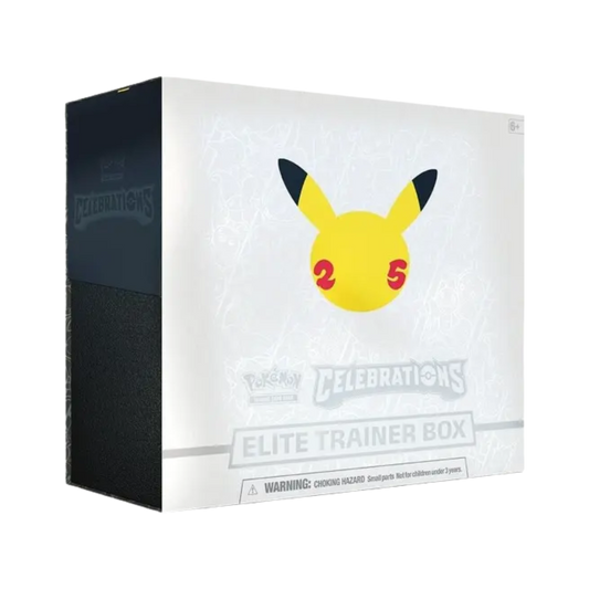 Sealed Pokémon Celebrations Elite Trainer Box featuring Pikachu artwork, 10 Celebrations booster packs, and 5 additional booster packs