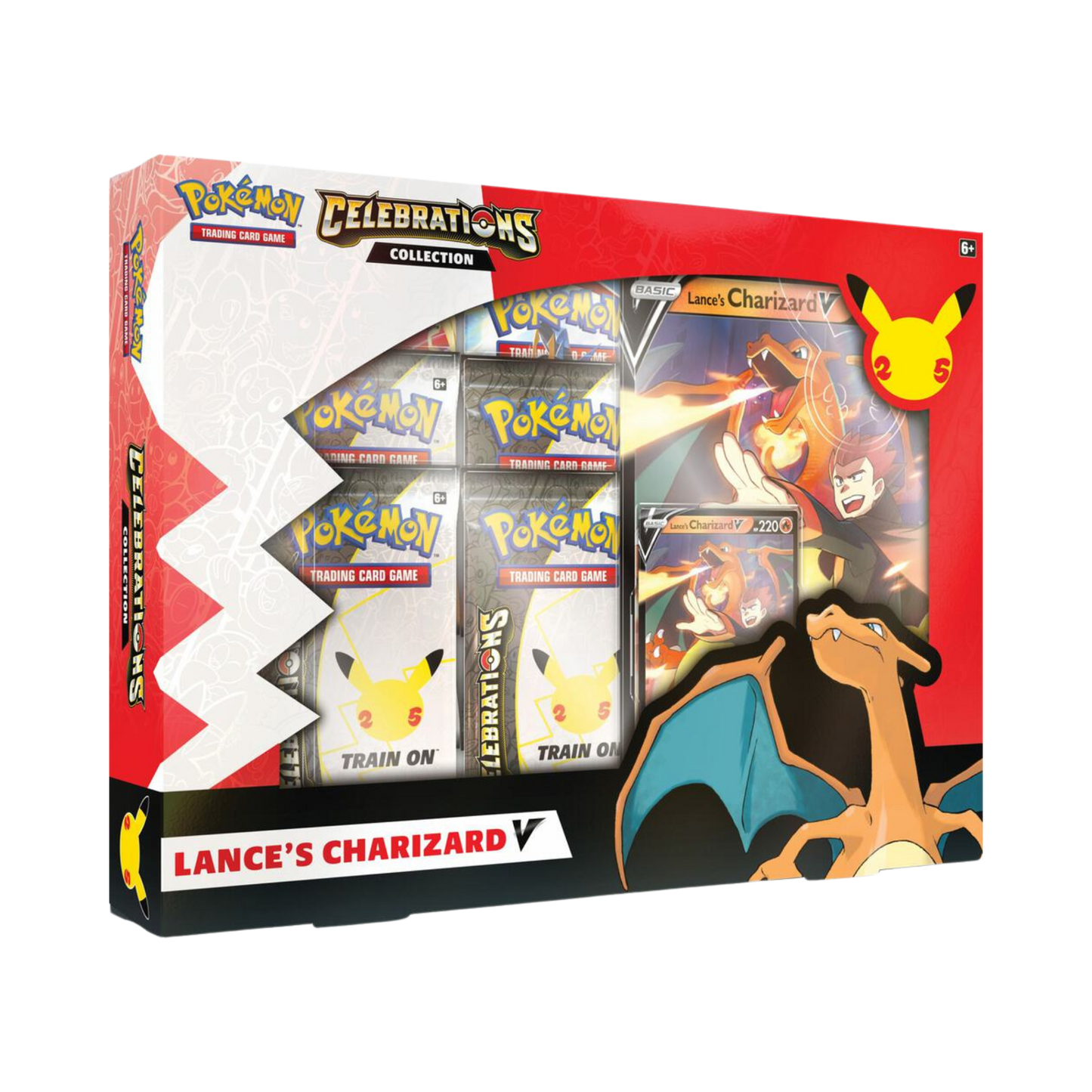 Sealed Pokémon Celebrations Lance’s Charizard V Collection Box with promo card, jumbo card, 4 Celebrations packs, and 2 additional booster packs
