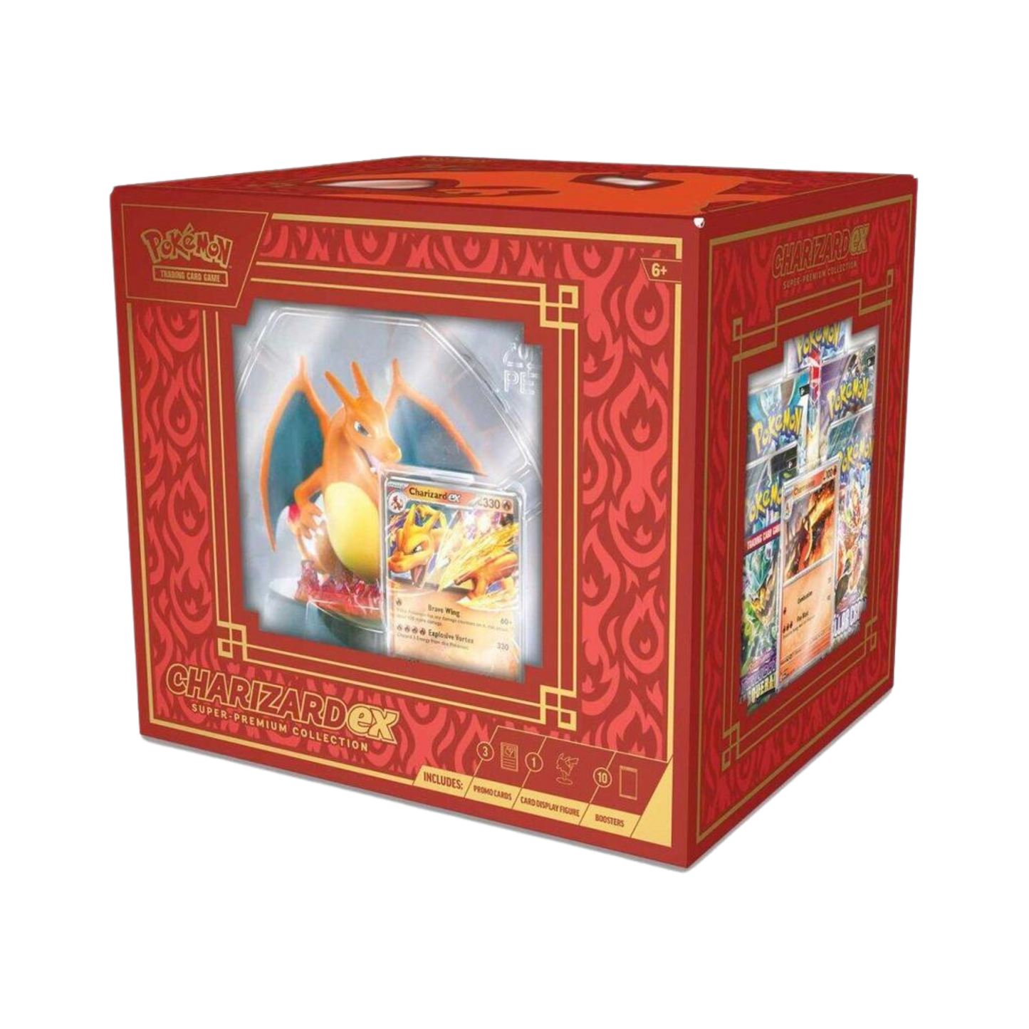 Sealed Pokémon Charizard ex Super-Premium Collection with foil promo cards, Charizard display figure, and 10 booster packs