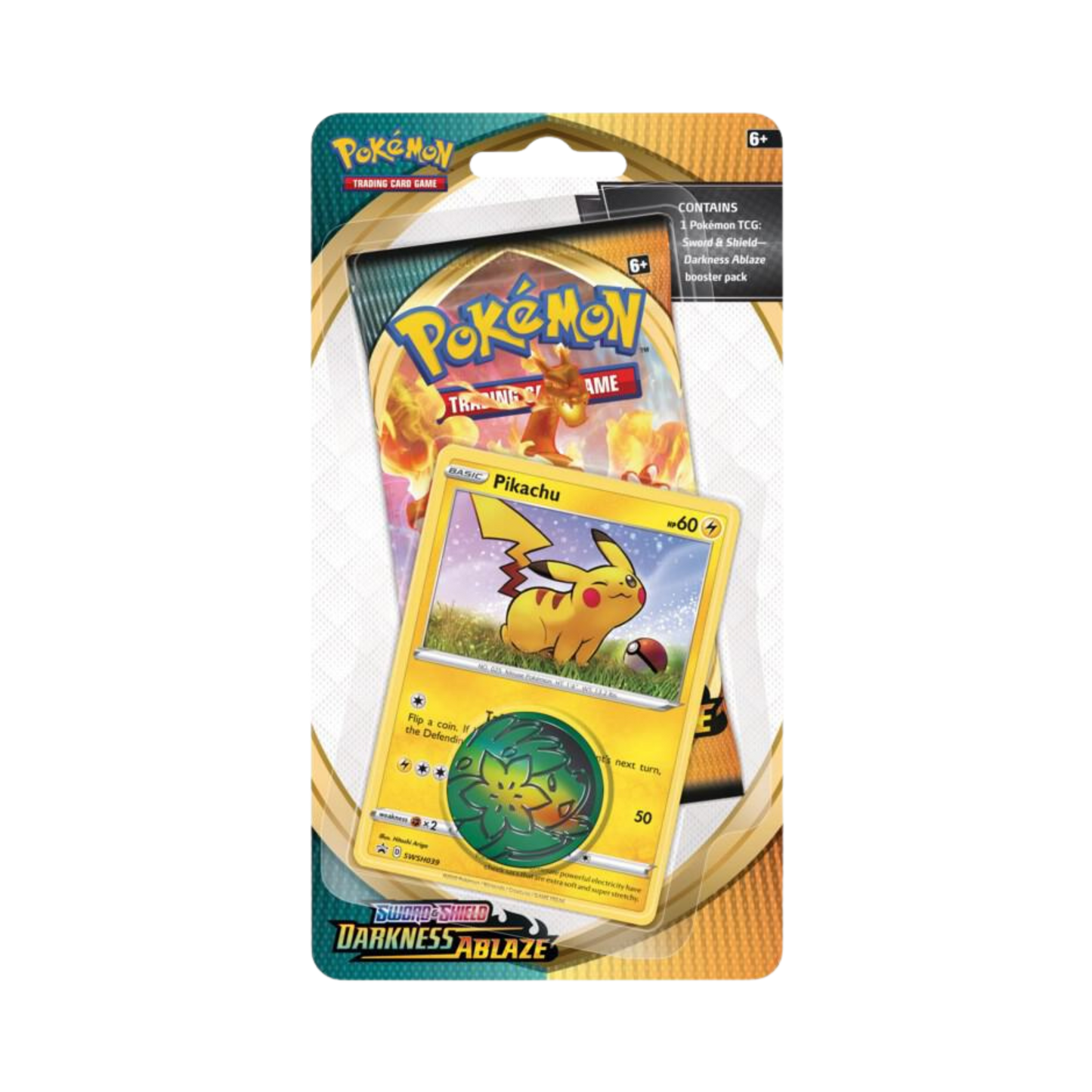 Sealed Pokémon Darkness Ablaze Single Pack Blister with Pikachu promo card, booster pack, and collectible coin