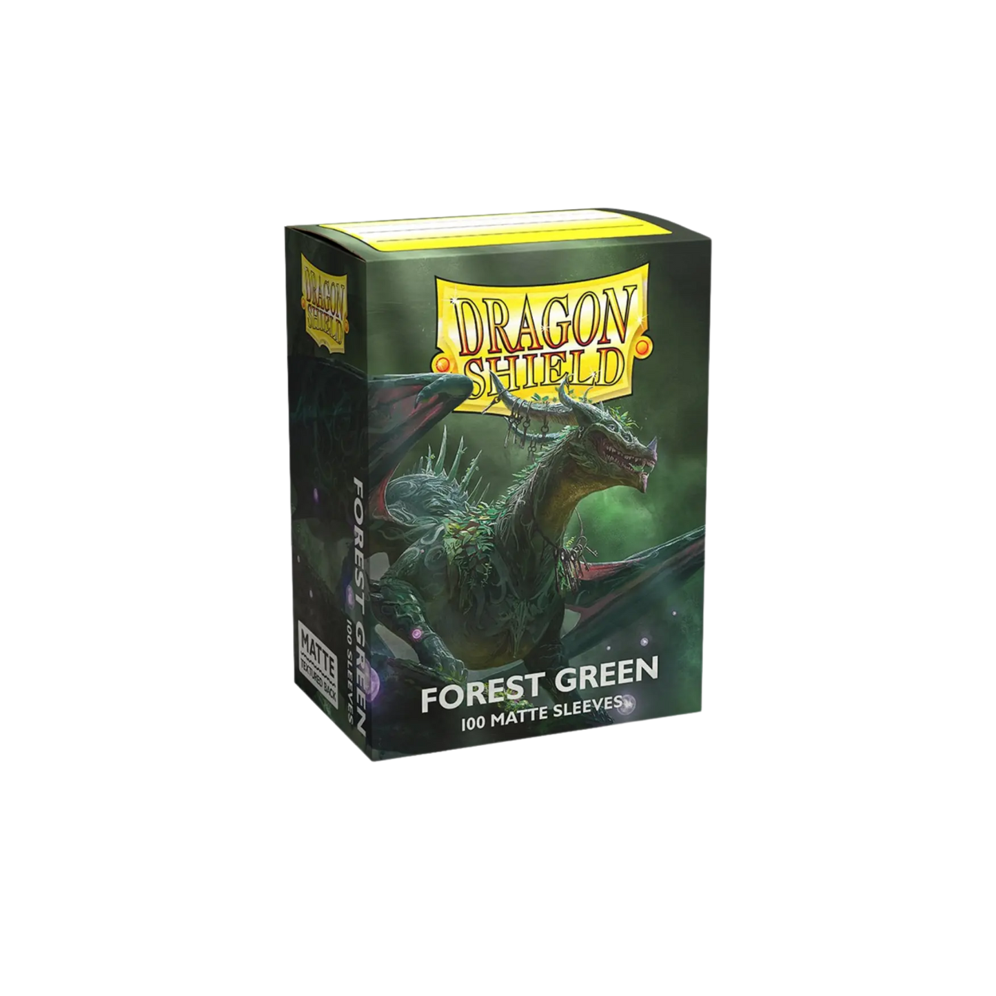 Sealed box of 100 Dragon Shield Matte Forest Green card sleeves with textured back for standard-size trading cards