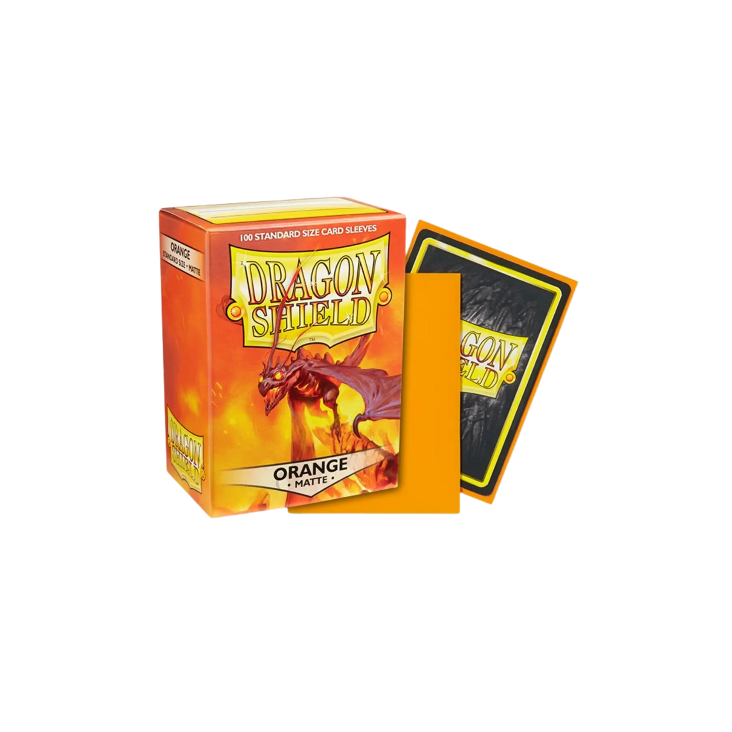 Sealed box of 100 Dragon Shield Matte Orange card sleeves with textured back for standard-size trading cards