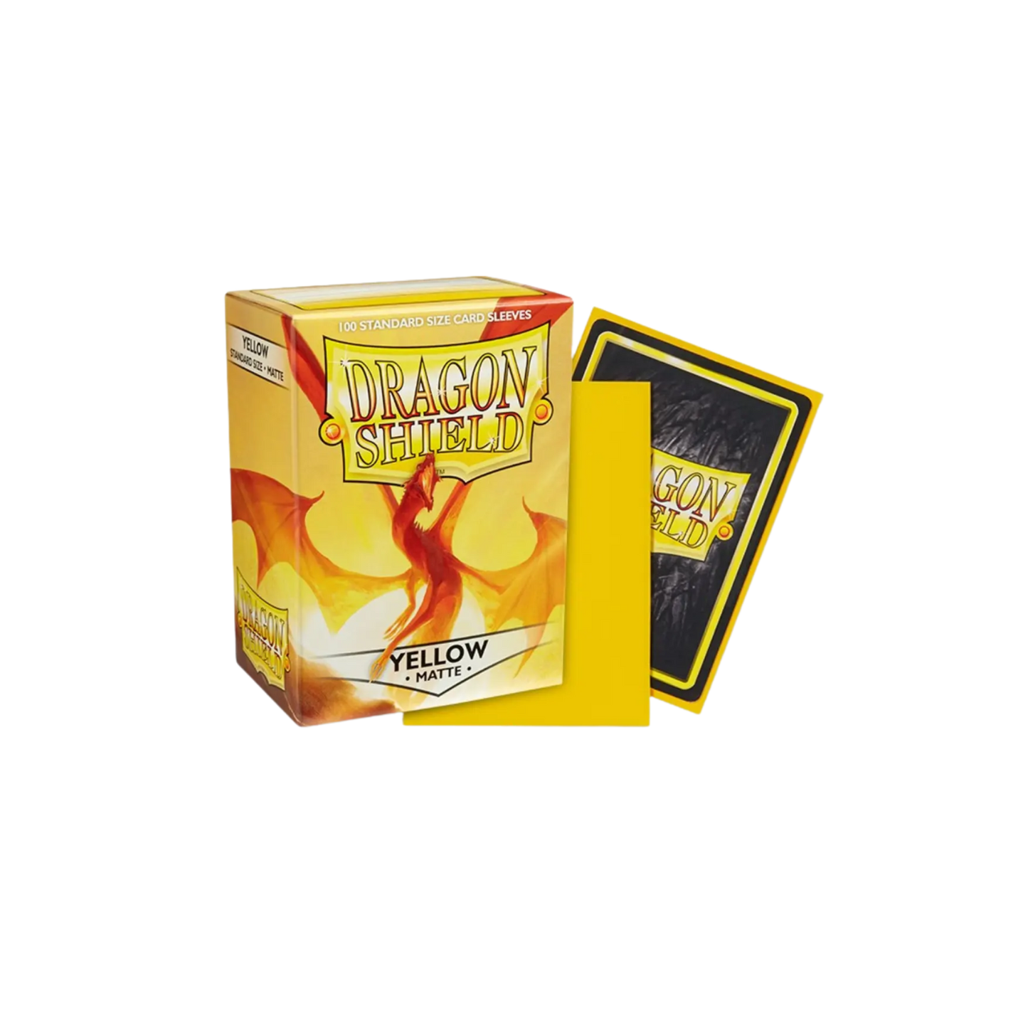 Sealed box of 100 Dragon Shield Matte Yellow card sleeves with textured backing for standard-size trading cards