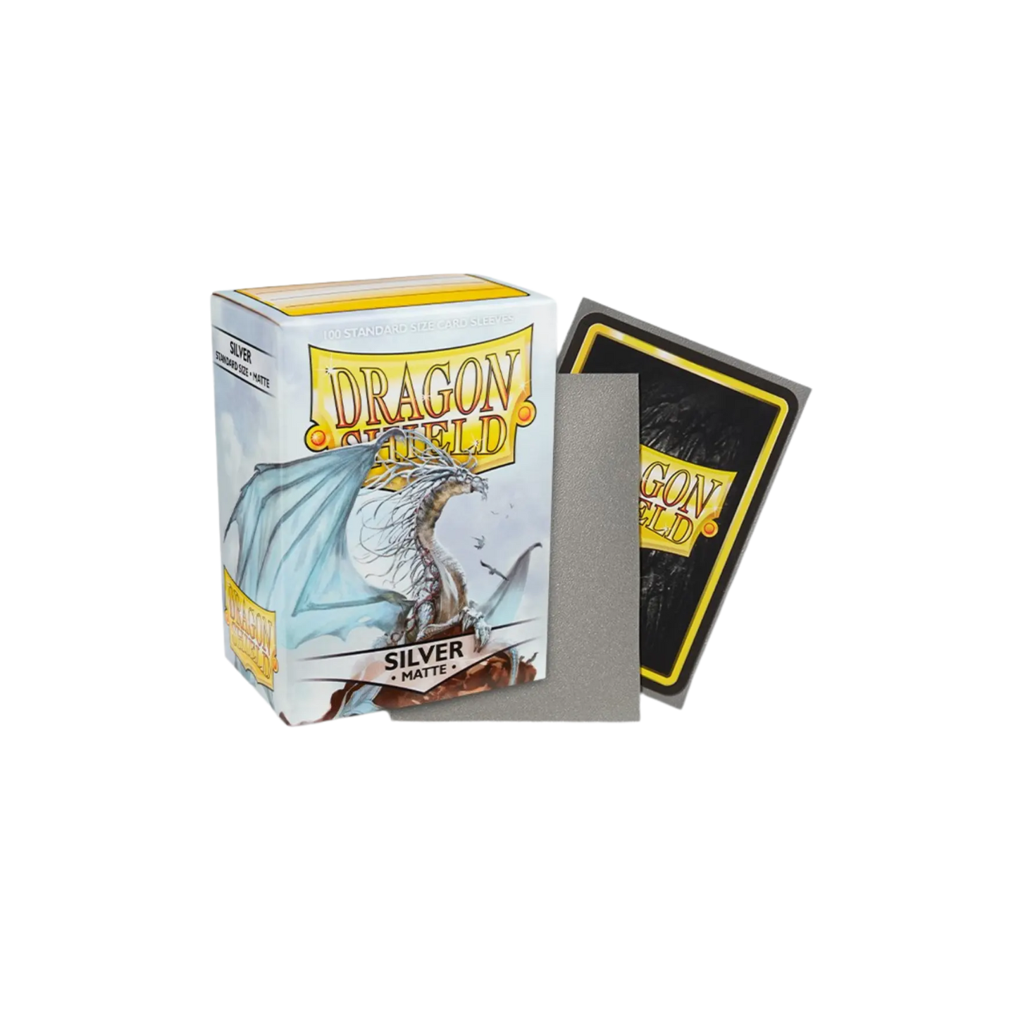 Sealed box of 100 Dragon Shield Matte Silver card sleeves with textured backing for standard-sized trading cards