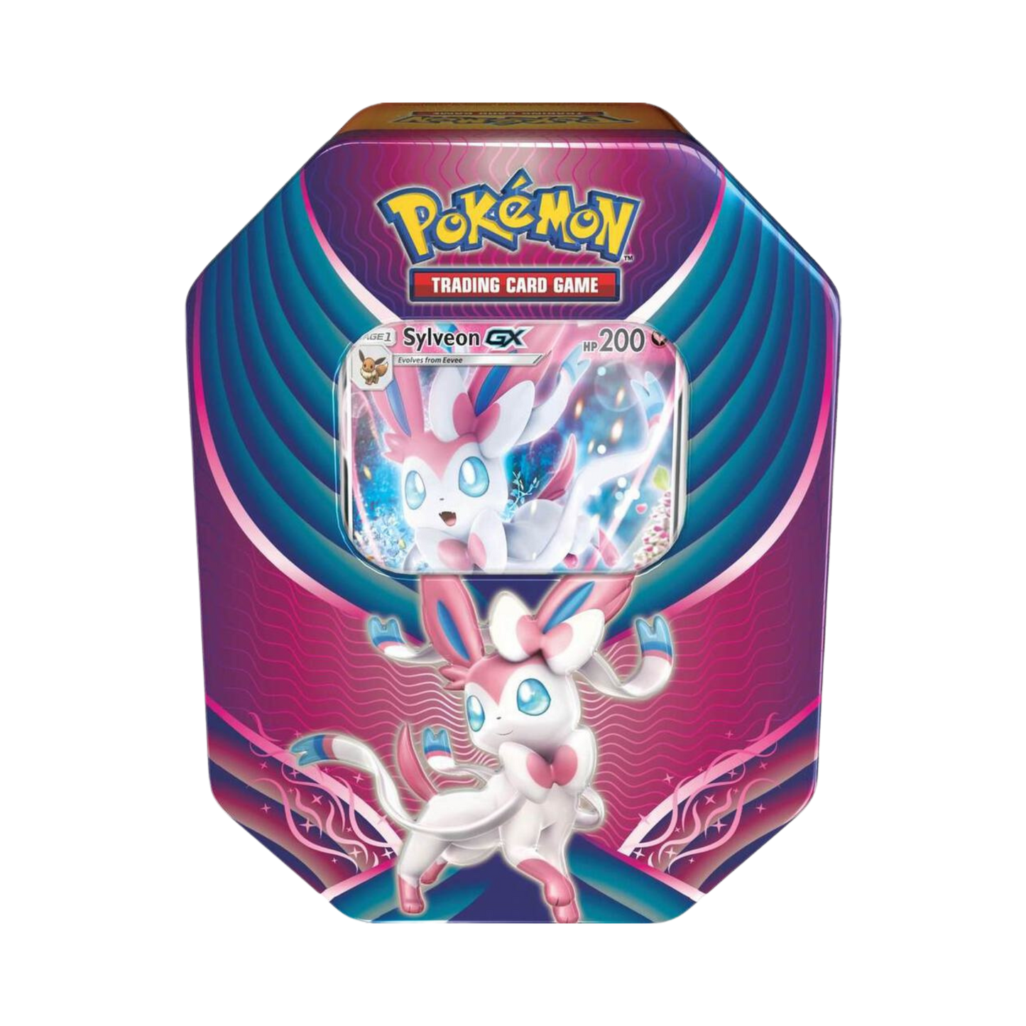 Sealed Pokémon Evolution Celebration Tin featuring Sylveon GX promo card and 4 booster packs from the Sun & Moon series