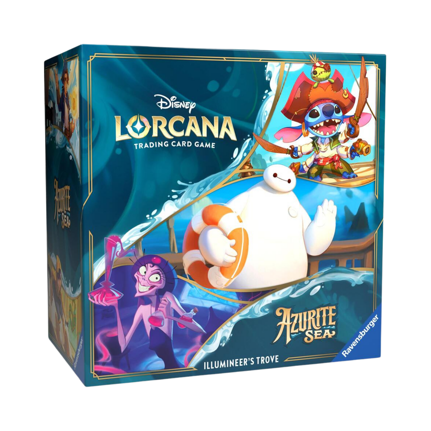 Sealed Disney Lorcana Azurite Sea Illumineer’s Trove with promo card, 8 booster packs, deck boxes, and themed accessories