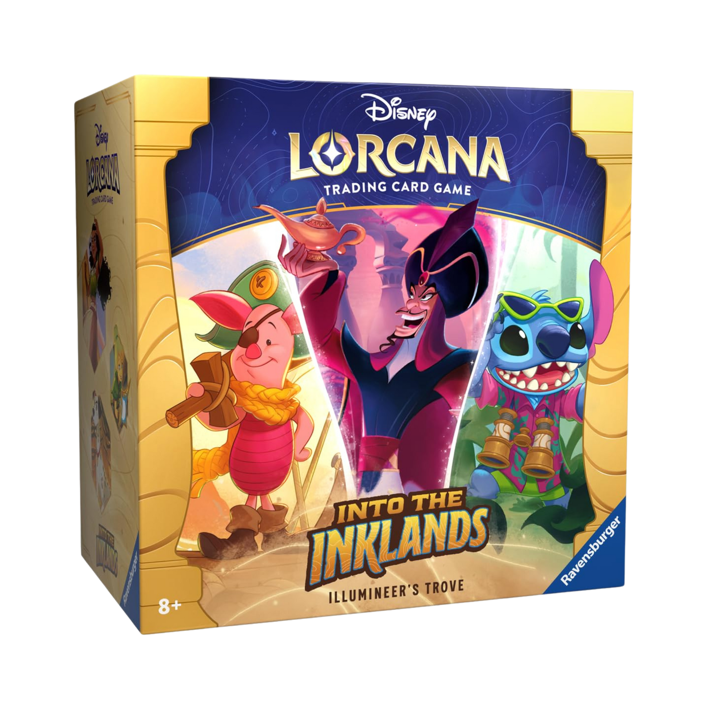 Sealed Disney Lorcana Into the Inklands Illumineer’s Trove with 8 booster packs, promo card, deck boxes, lore tracker, and themed accessories