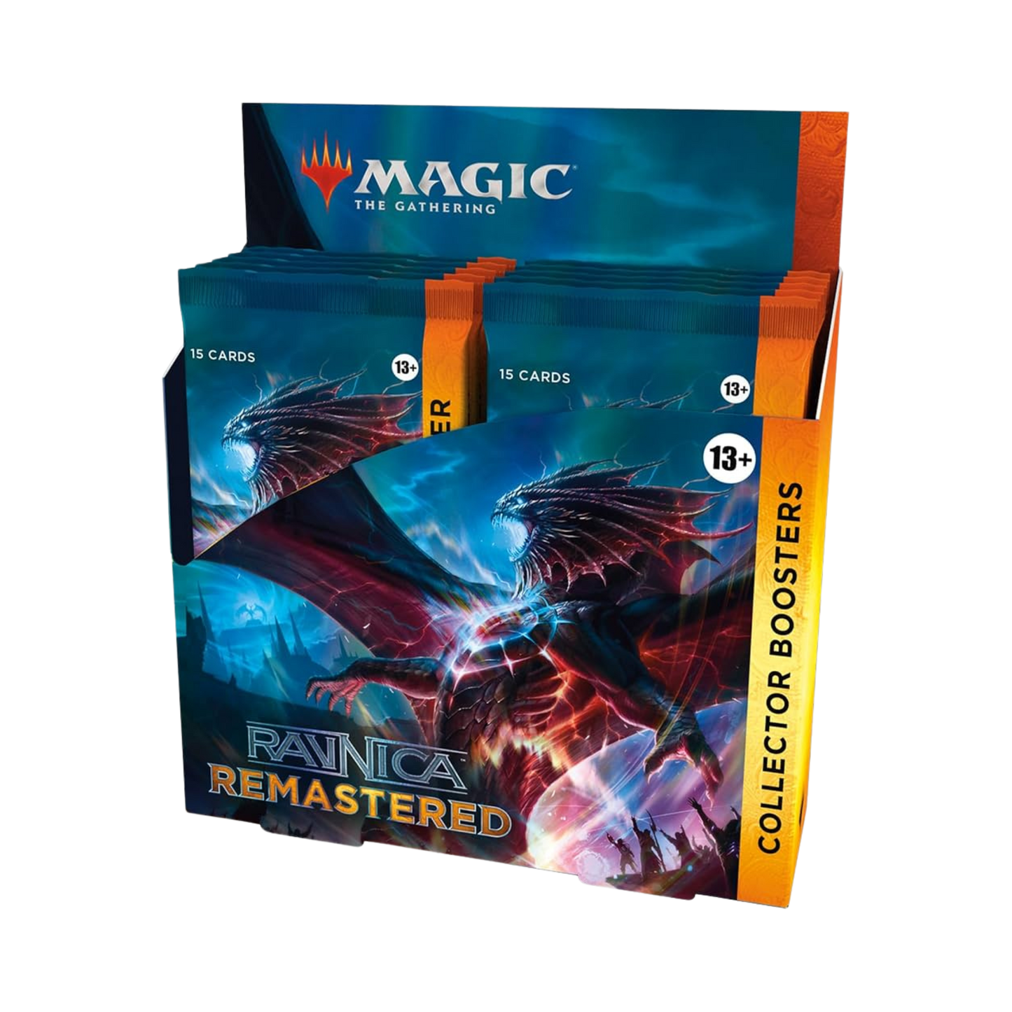 Sealed Magic: The Gathering Ravnica Remastered Collector Booster Box with 12 premium packs featuring foil cards and retro-frame treatments