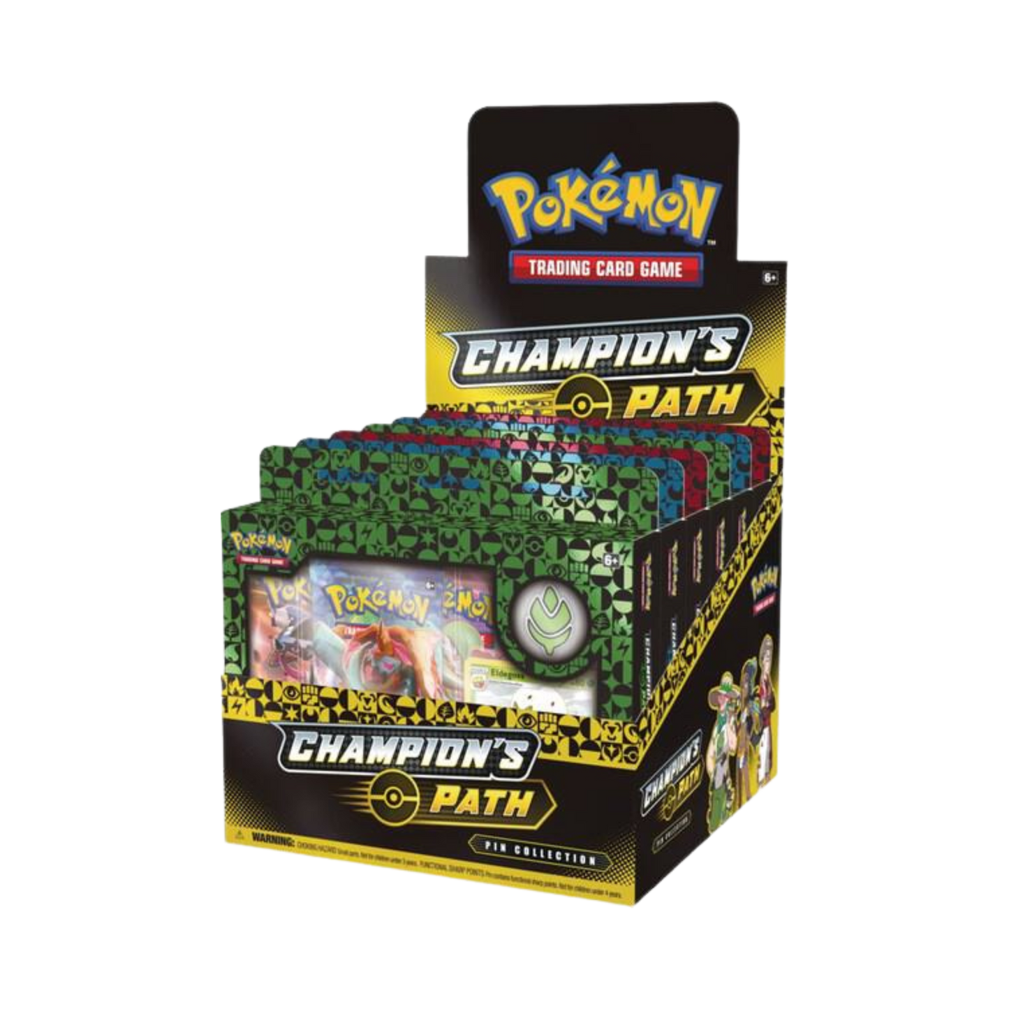 Sealed Pokémon Champion’s Path Pin Collection Display with 6 boxes featuring Gym Leaders Milo, Nessa, and Kabu with booster packs and enamel pins