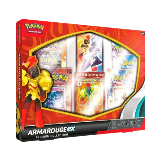 Sealed Pokémon TCG Armarouge ex Premium Collection with Armarouge ex, Charcadet, and Ceruledge promo cards, 6 booster packs, sleeves, and magnetic card display
