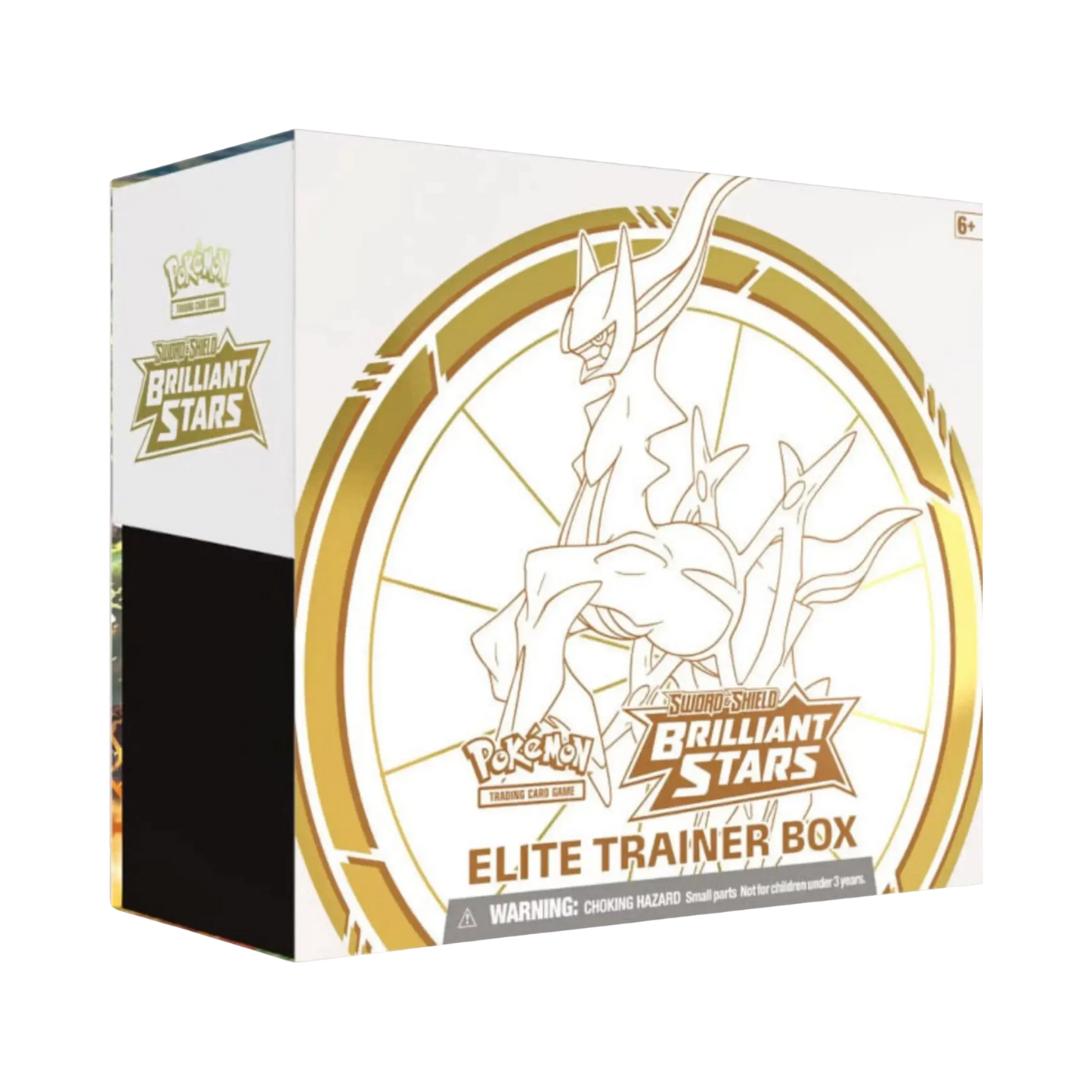 Sealed Pokémon Brilliant Stars Elite Trainer Box with Arceus sleeves, 8 booster packs, Energy cards, dice, and accessories