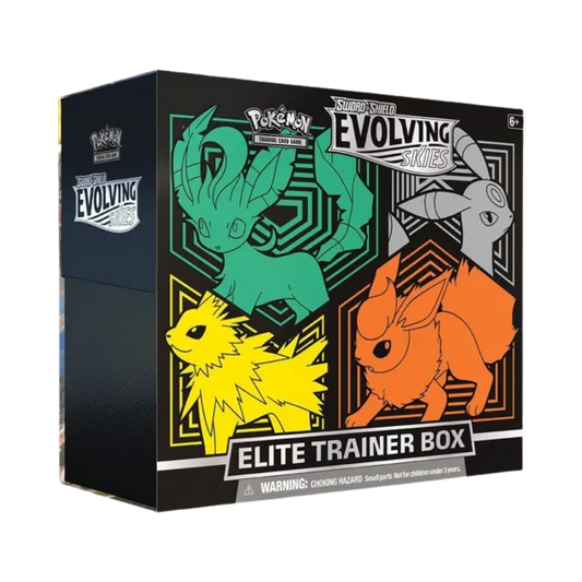 Sealed Pokémon TCG Evolving Skies Elite Trainer Box with Leafeon, Umbreon, Jolteon, and Flareon artwork, includes 8 booster packs and themed accessories
