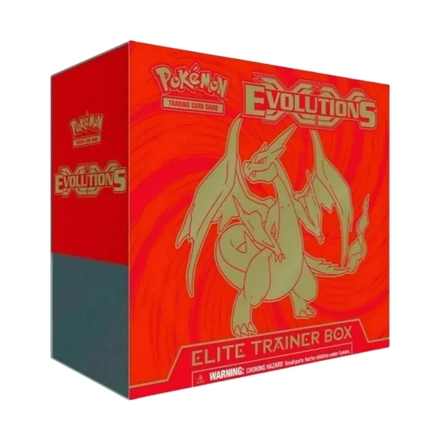 Sealed Pokémon XY Evolutions Elite Trainer Box featuring Mega Charizard Y with 8 booster packs, card sleeves, and gameplay accessories