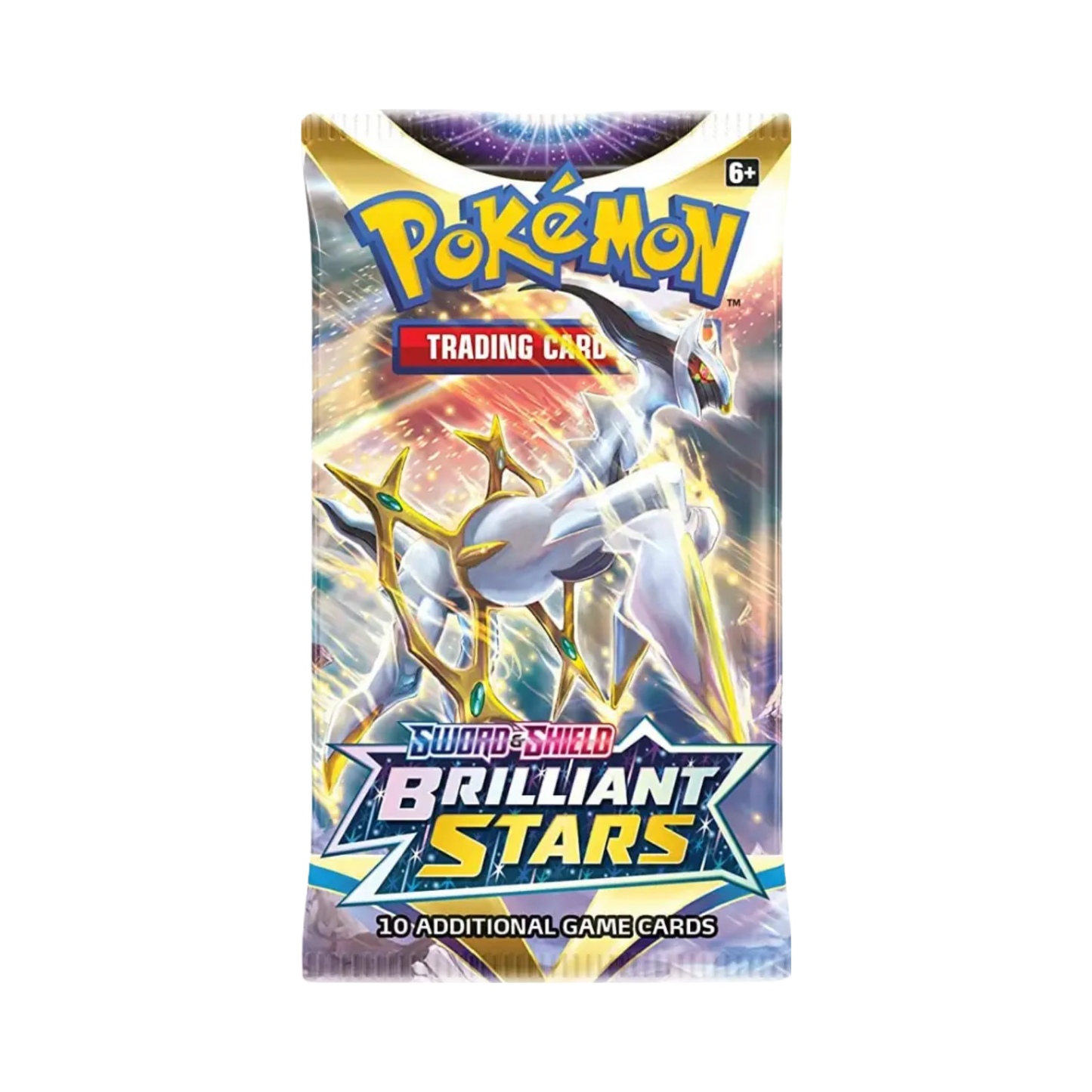 Sealed Pokémon TCG Brilliant Stars Booster Pack with 10 cards and assorted artwork featuring Charizard, Arceus, Shaymin, or Whimsicott