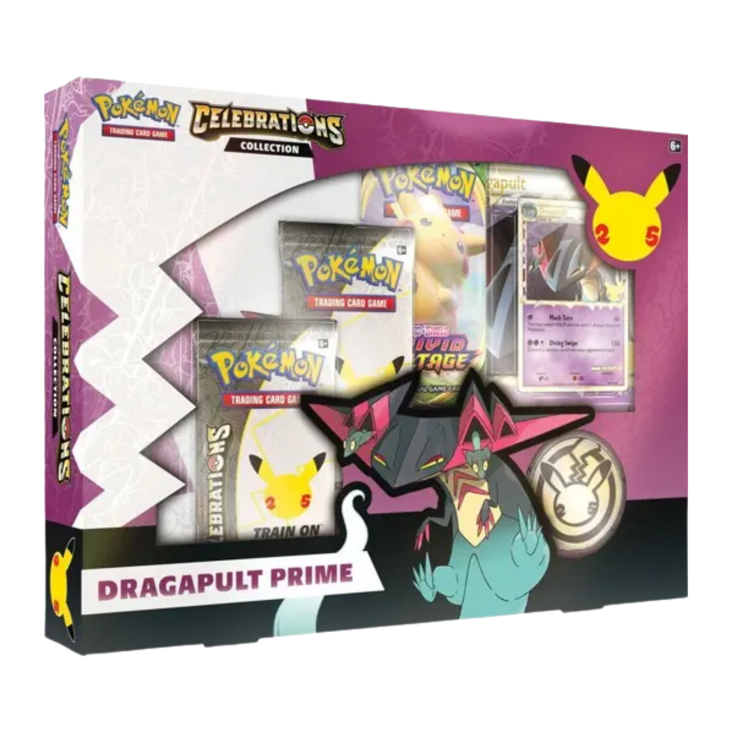 Sealed Pokémon Celebrations Dragapult Prime Collection Box with promo card, oversized card, 2 Celebrations packs, binder, and coin