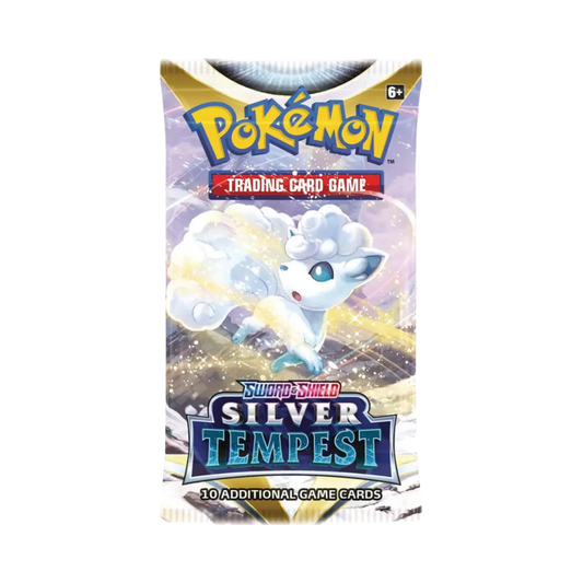 Sealed Pokémon TCG Silver Tempest Booster Pack with 10 cards and assorted artwork featuring Lugia and Alolan Vulpix