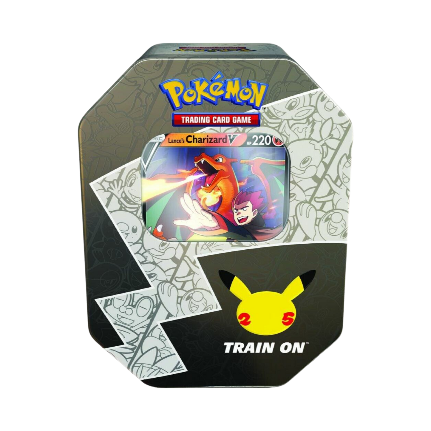 Sealed Pokémon Celebrations International Tin featuring Lance’s Charizard V promo card and Celebrations booster packs in collector’s tin