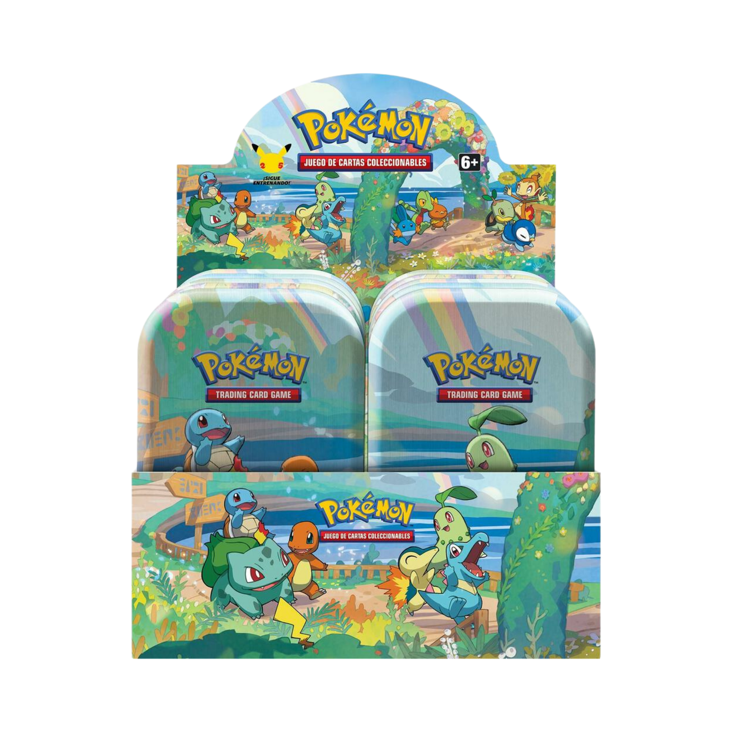 Sealed Pokémon Celebrations Mini Tin set with all 8 tins, each containing booster packs, coin, and collectible art card