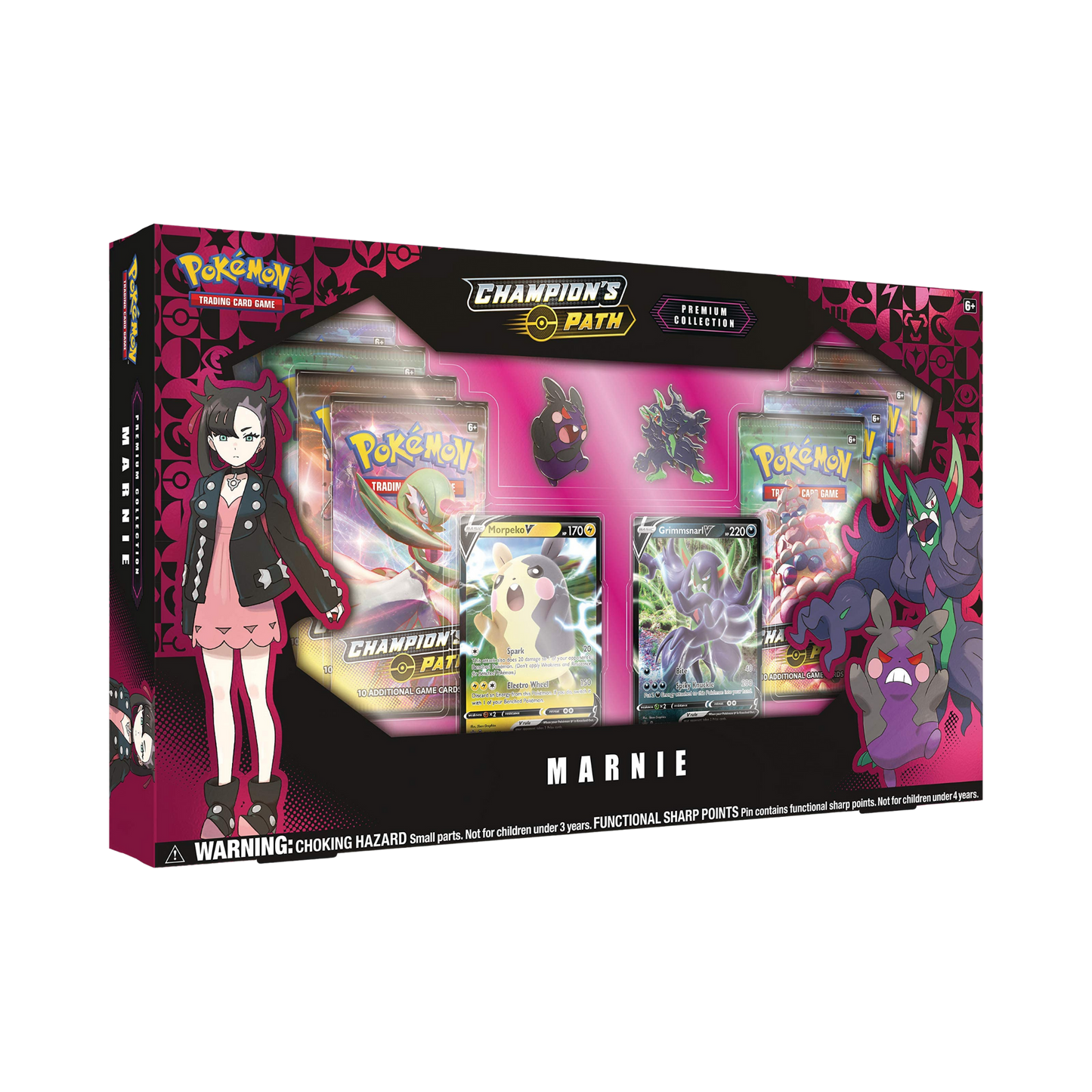 Sealed Pokémon Champion’s Path Marnie Premium Collection Box with Marnie promo card, collector pin, and multiple booster packs