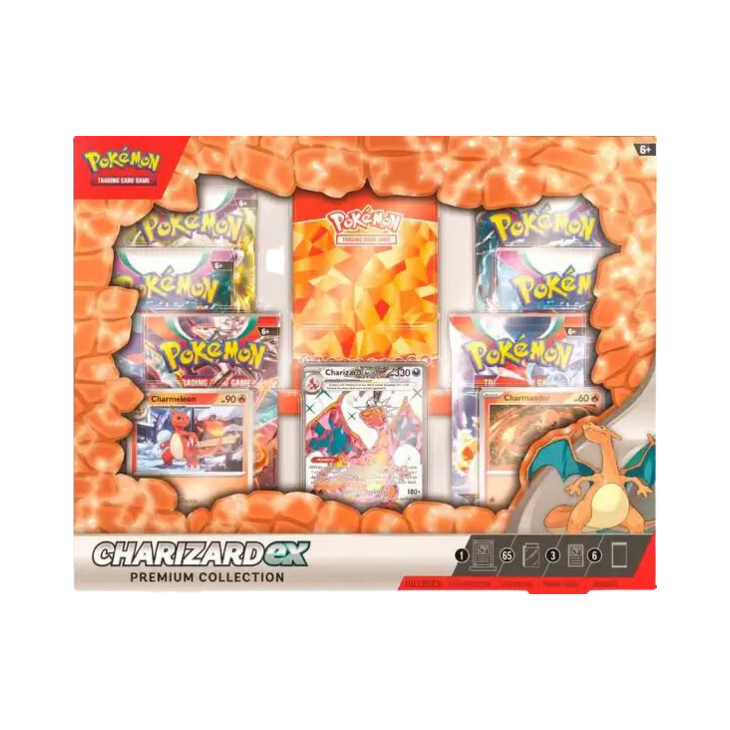 Sealed Pokémon TCG Charizard ex Premium Collection featuring Tera Darkness-type Charizard ex, booster packs, sleeves, and magnetic display case