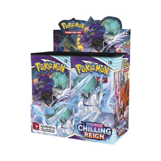 Sealed Pokémon TCG Sword & Shield Chilling Reign Booster Box with 36 packs featuring Ice Rider and Shadow Rider Calyrex artwork
