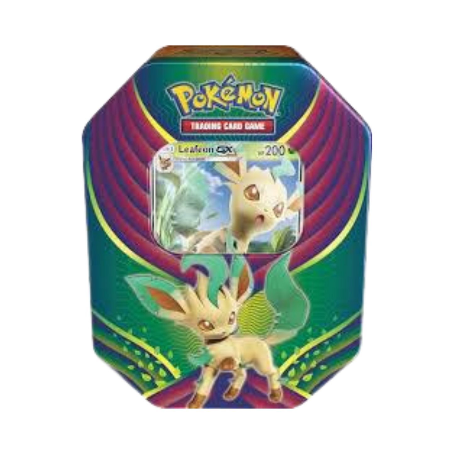 Sealed Pokémon Leafeon GX Tin with promo card, 4 booster packs, and online code card in Eeveelution-themed collectible tin