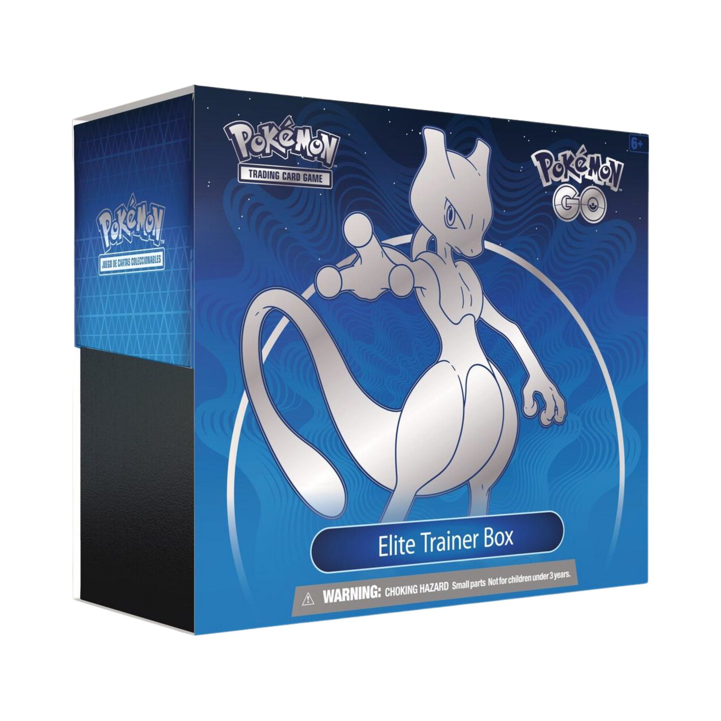 Sealed Pokémon GO Elite Trainer Box featuring Mewtwo artwork, includes 10 booster packs, promo card, and themed accessories