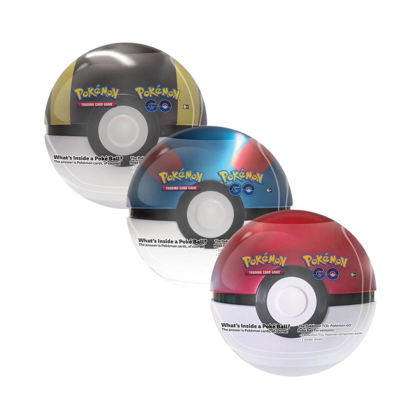 Bundle of 3 sealed Pokémon GO Poké Ball Tins, each containing 3 booster packs and 2 sticker sheets in collectible Poké Ball packaging