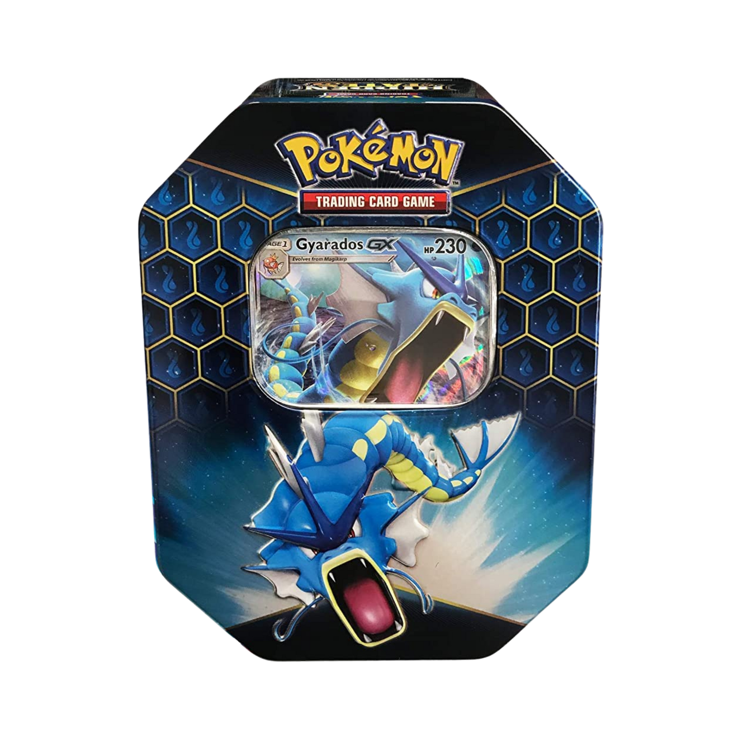 Sealed Pokémon Hidden Fates Tin featuring Gyarados GX promo card and 4 Hidden Fates booster packs in collectible tin packaging