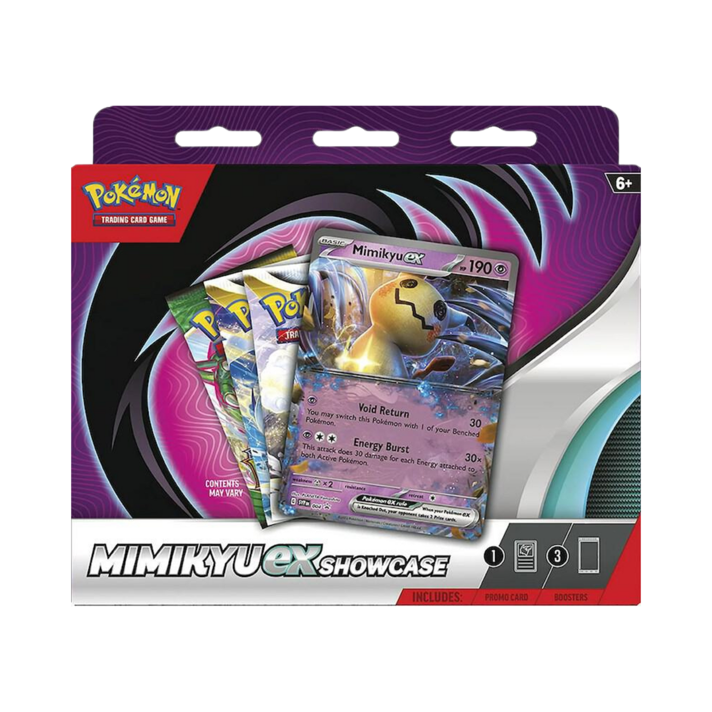Sealed Pokémon TCG Mimikyu ex Showcase with holographic Mimikyu ex promo card and 3 booster packs in themed packaging