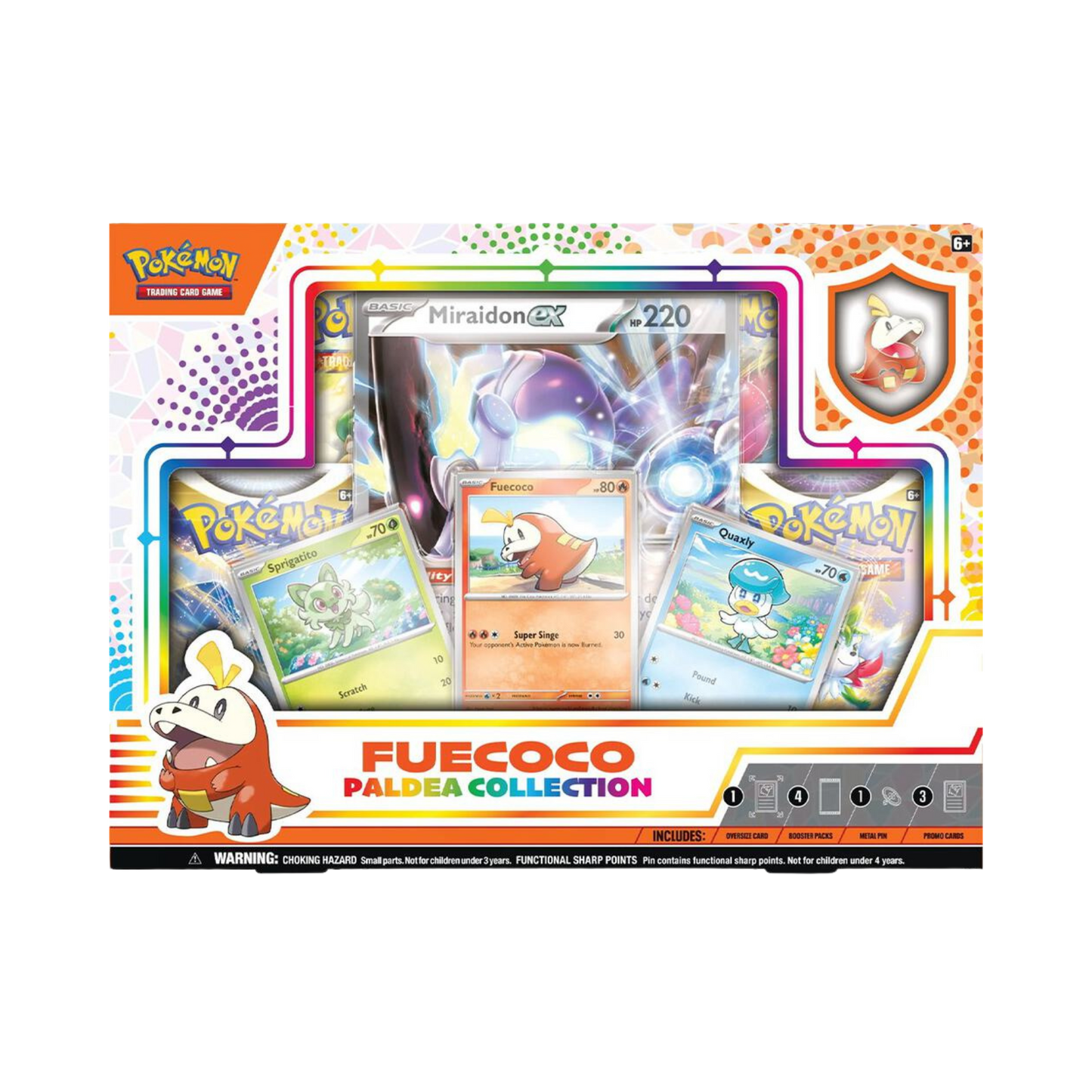 Sealed Pokémon Paldea Collection box with foil Sprigatito, Fuecoco, and Quaxly cards, oversized Koraidon or Miraidon ex card, 4 booster packs, and collector pin