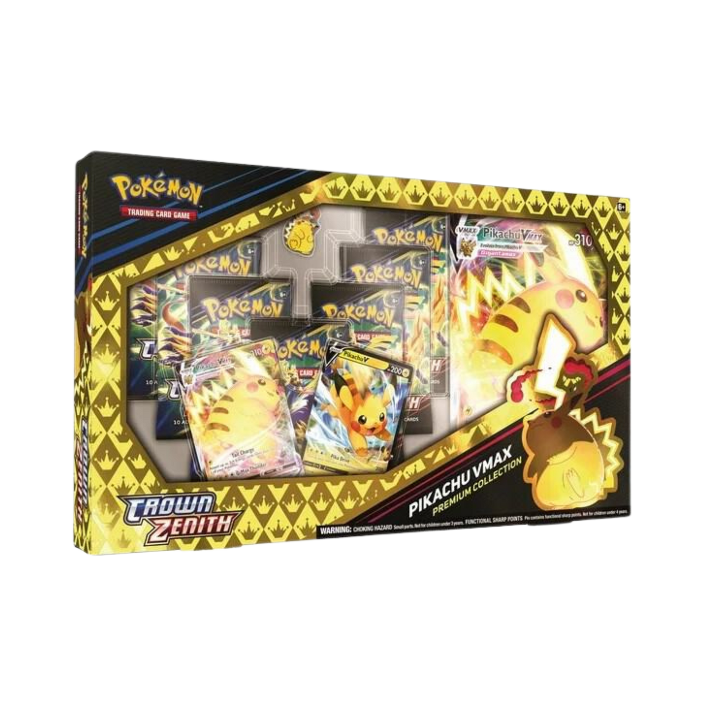 Sealed Pokémon Crown Zenith Premium Collection featuring Pikachu VMAX and Pikachu V promo cards, oversized card, 7 booster packs, and Gigantamax Pikachu pin