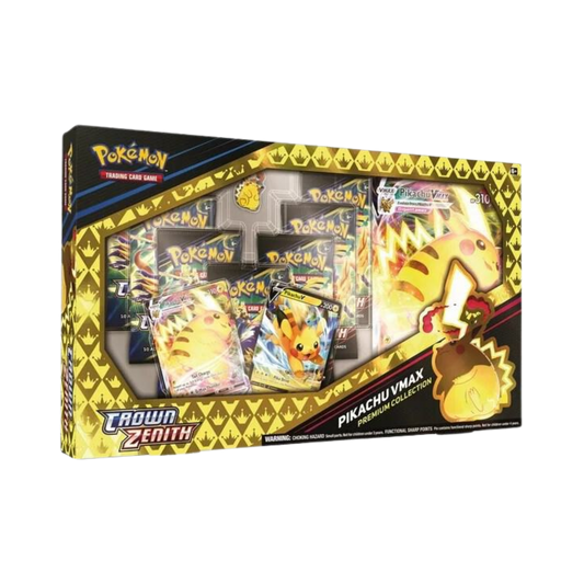 Sealed Pokémon Crown Zenith Premium Collection featuring Pikachu VMAX and Pikachu V promo cards, oversized card, 7 booster packs, and Gigantamax Pikachu pin