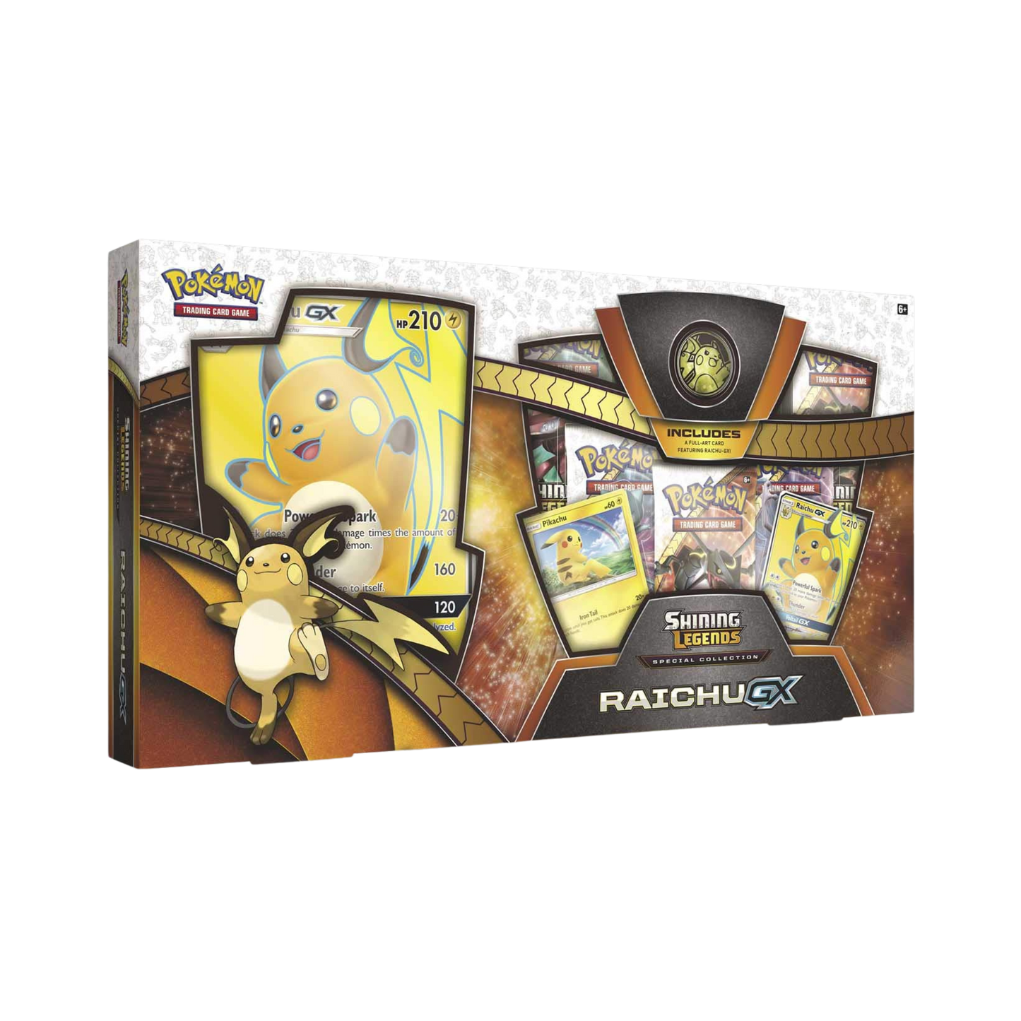 Sealed Pokémon Raichu GX Special Collection Box with foil promo card, jumbo card, and assorted booster packs in display packaging