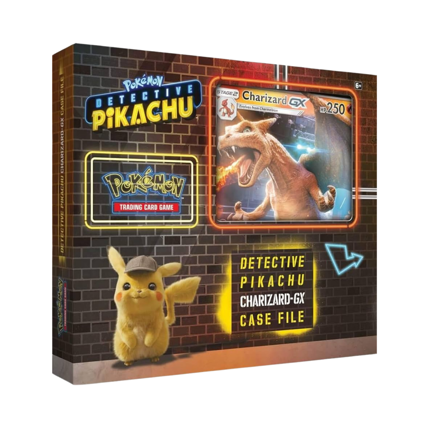 Sealed Pokémon TCG Detective Pikachu Charizard-GX Case File with foil promo card, jumbo card, and booster packs in themed packaging