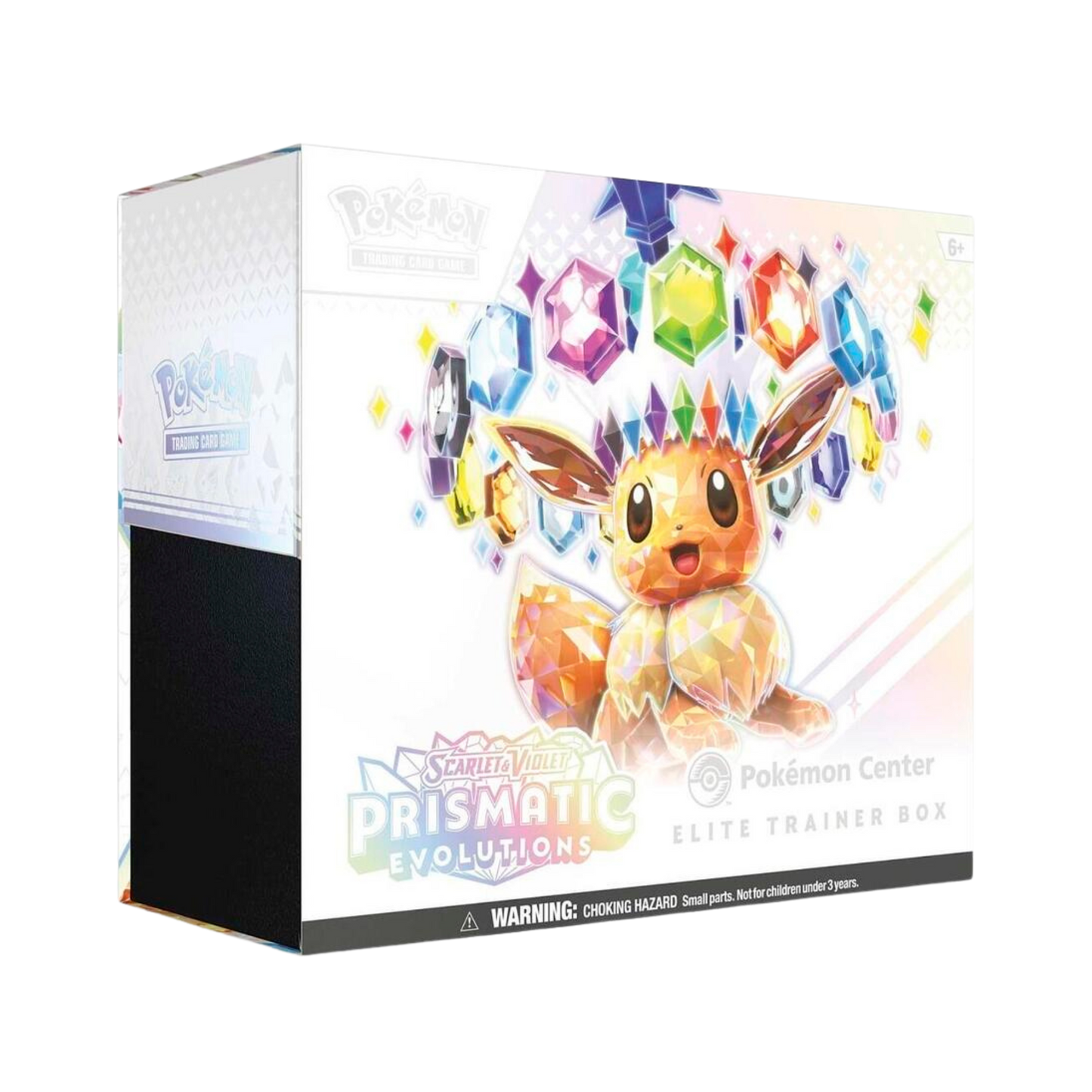 Sealed Prismatic Evolutions Pokémon Center Elite Trainer Box featuring Eevee artwork, includes 11 booster packs, exclusive promo cards, and themed accessories