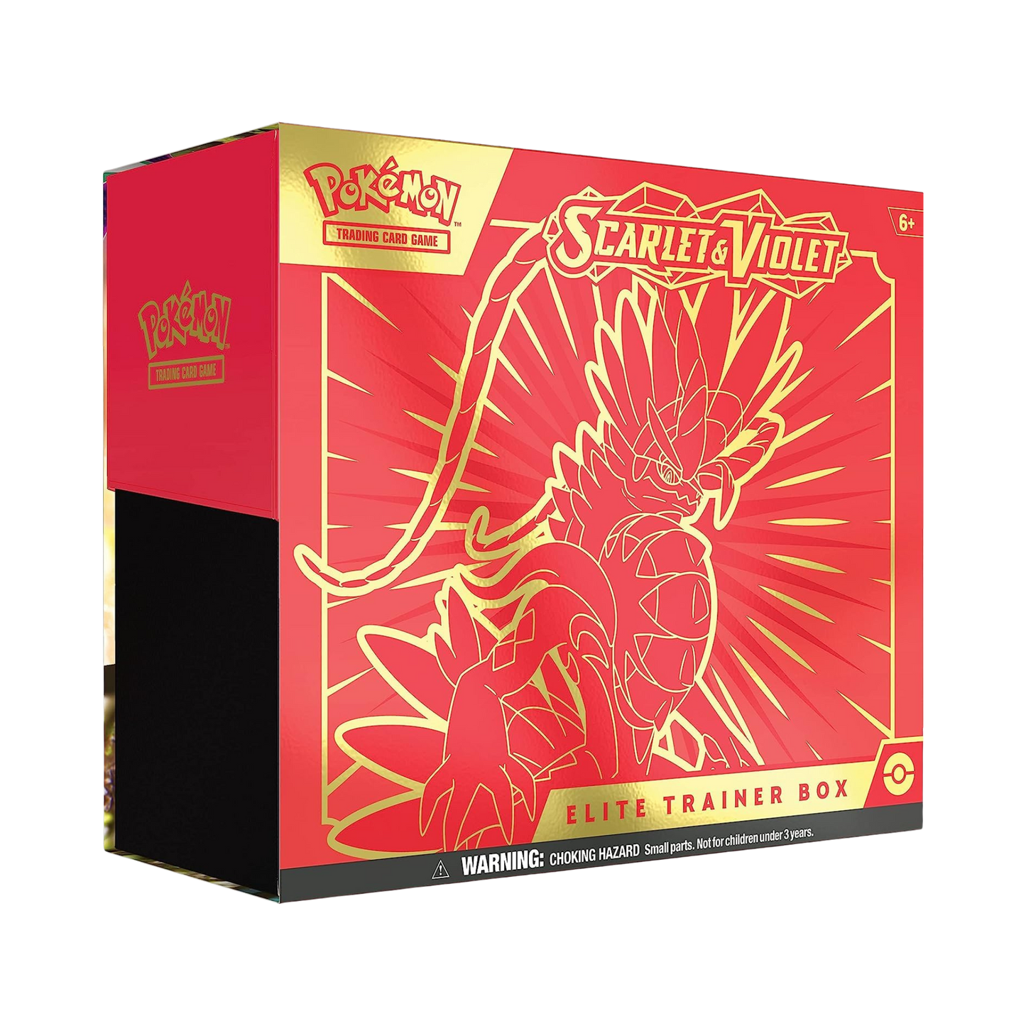 Sealed Pokémon Scarlet & Violet Elite Trainer Box featuring Koraidon artwork, includes 9 booster packs, promo card, and themed accessories