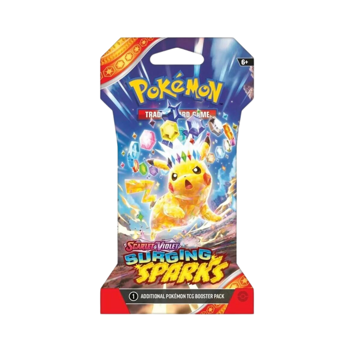 Sealed Pokémon TCG Surging Sparks Sleeved Booster Pack with 10 cards and assorted artwork from the Scarlet & Violet series
