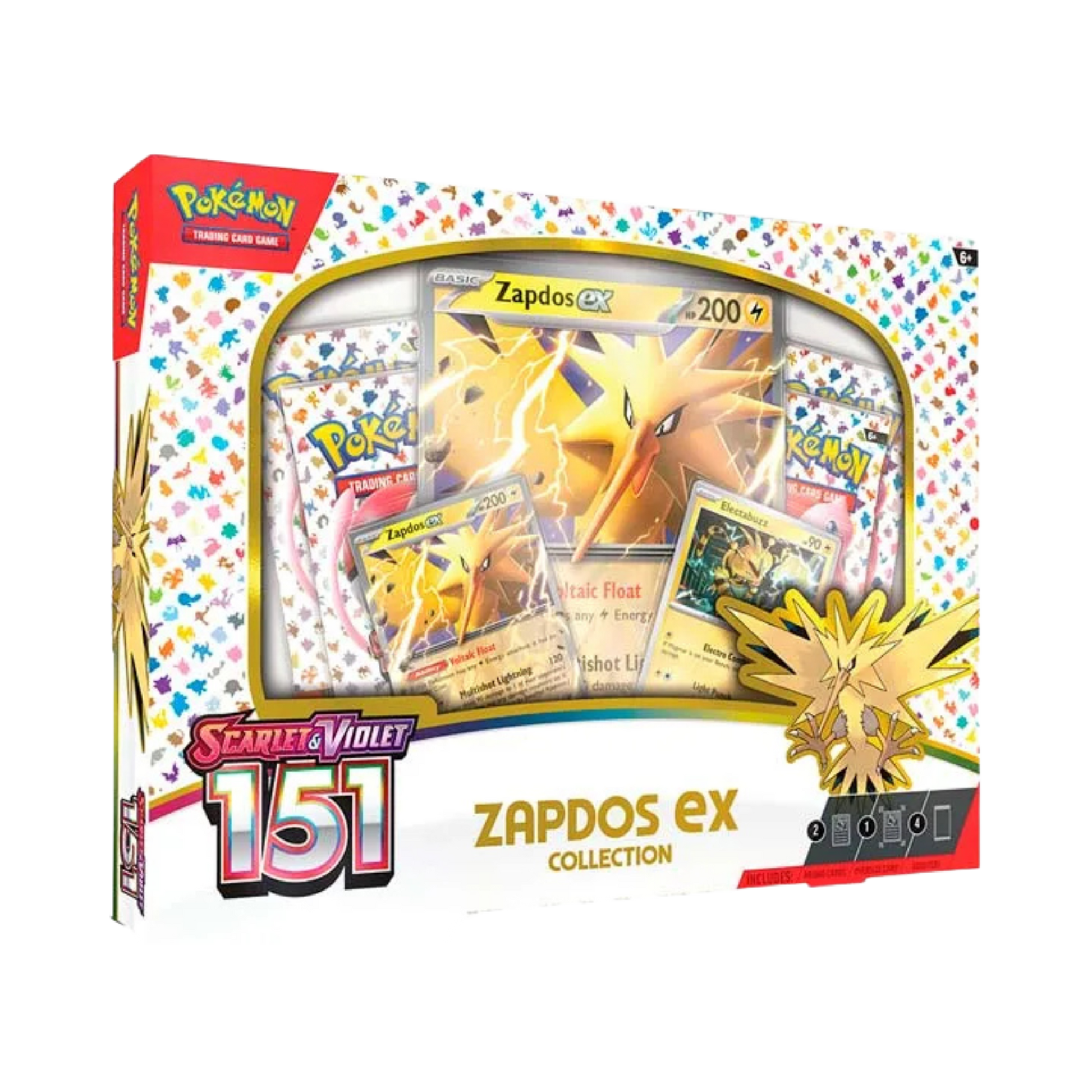 Sealed Pokémon 151 Zapdos ex Collection Box with foil Zapdos ex, Electabuzz card, oversized promo, and 4 Scarlet & Violet—151 booster packs