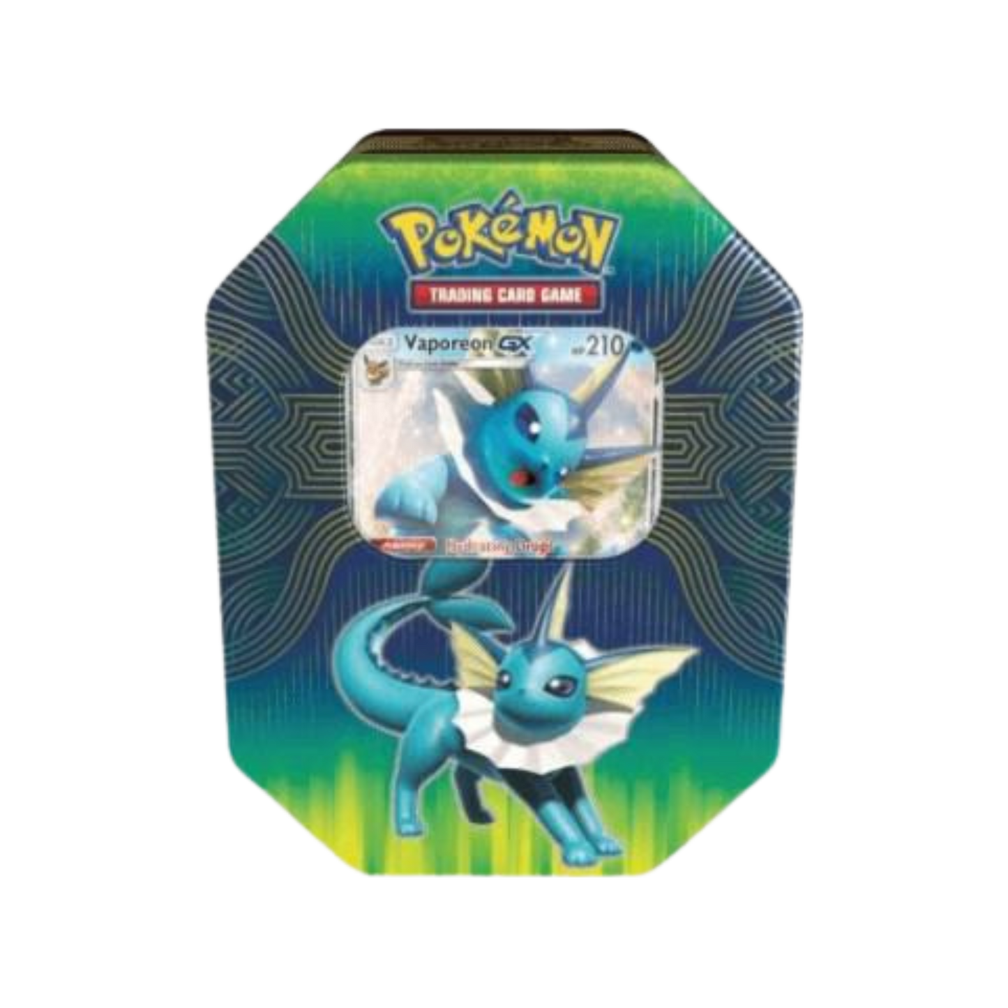 Sealed Pokémon Elemental Power Tin featuring Vaporeon GX promo card and 4 booster packs in collectible tin packaging