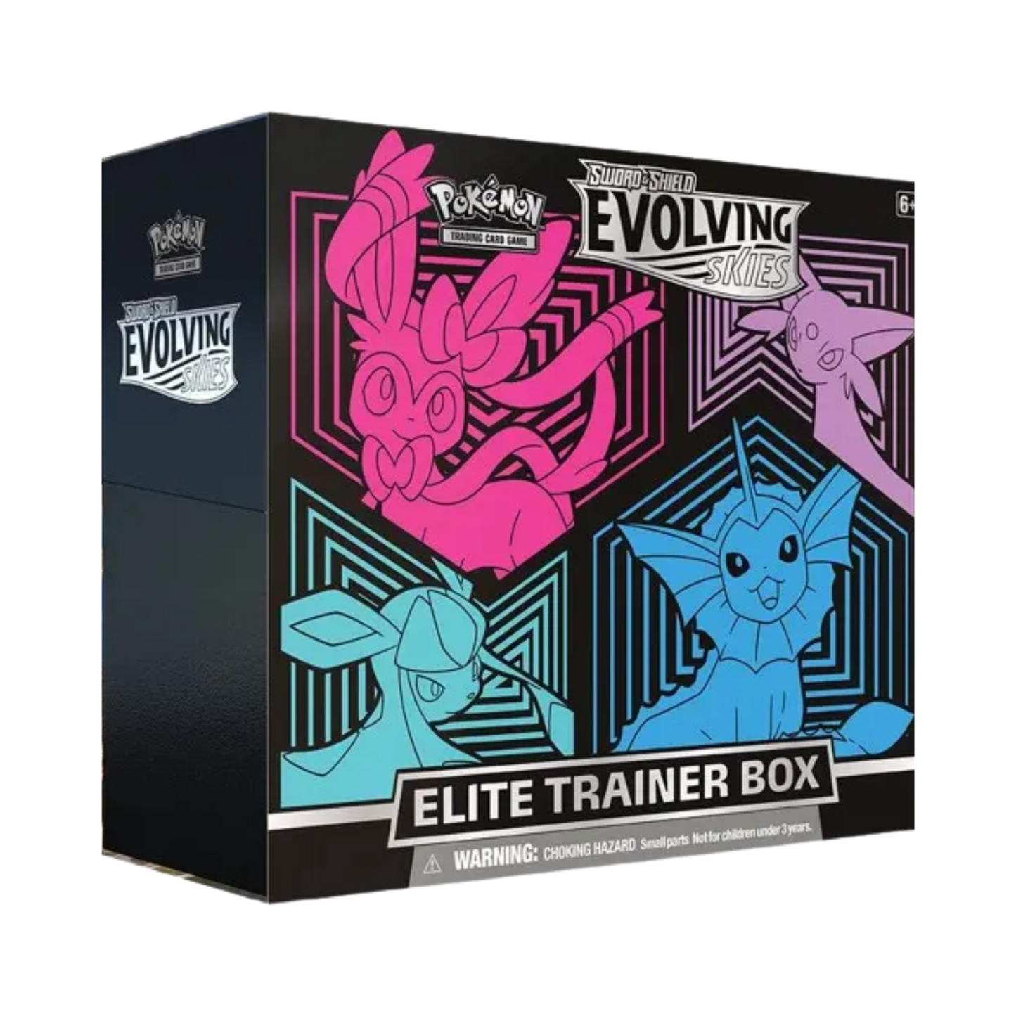 Sealed Pokémon Evolving Skies Elite Trainer Box with 8 booster packs, Eeveelutions-themed sleeves, dice, and gameplay accessories (standard version)
