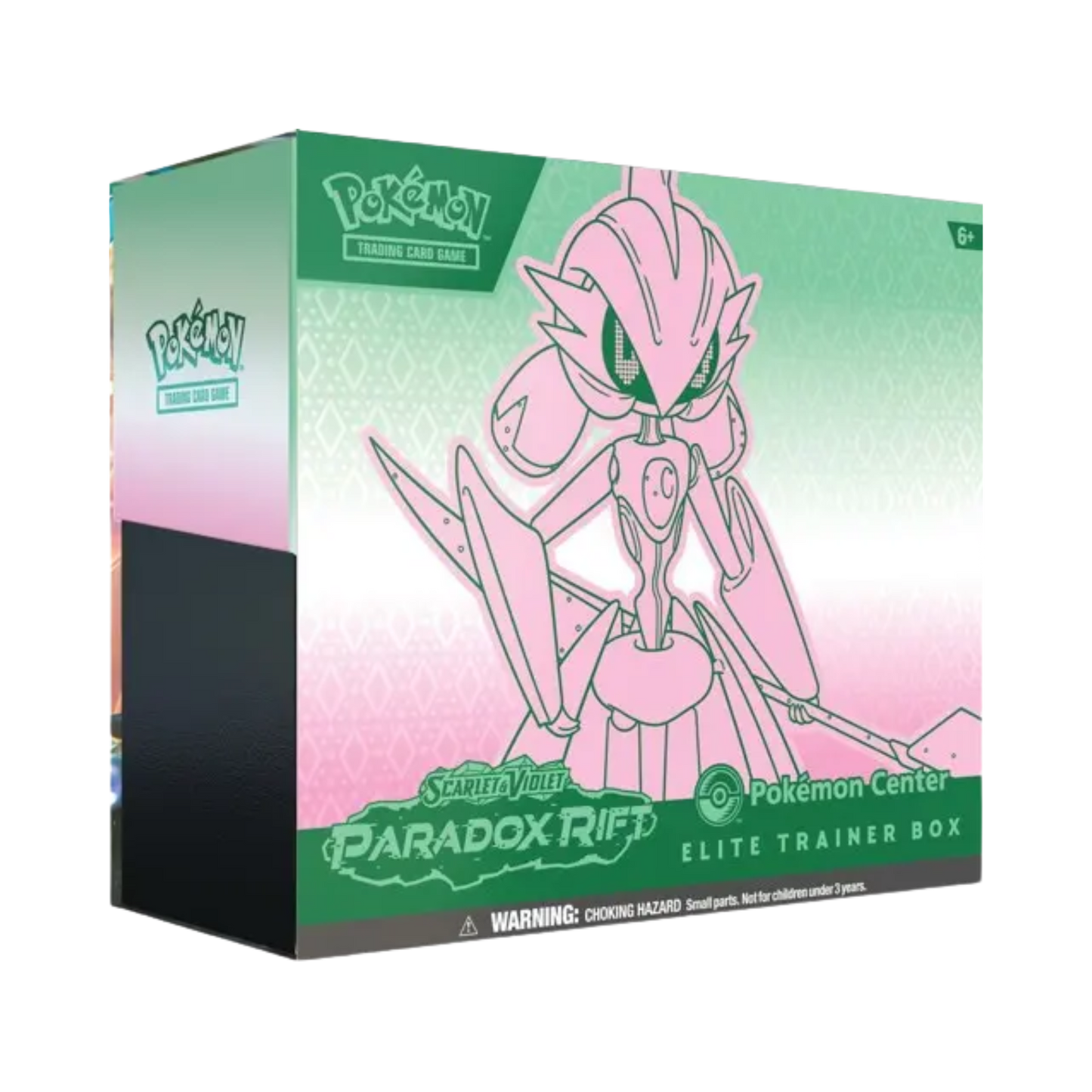 Sealed Pokémon Paradox Rift Pokémon Center Elite Trainer Box featuring Iron Valiant promo, 9 booster packs, card sleeves, and accessories