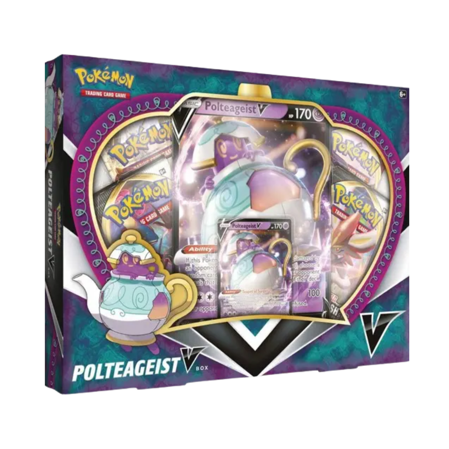 Sealed Pokémon Polteageist V Box with promo card, oversized card, and 4 booster packs in display packaging